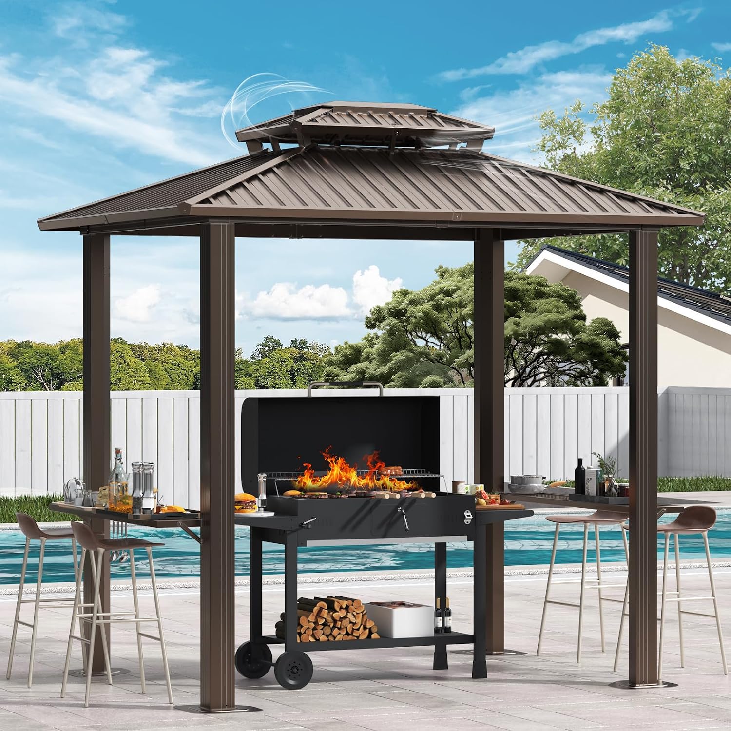 COBIZI 6x8ft Hardtop Grill Gazebo,Outdoor Aluminum BBQ Gazebo,Brown