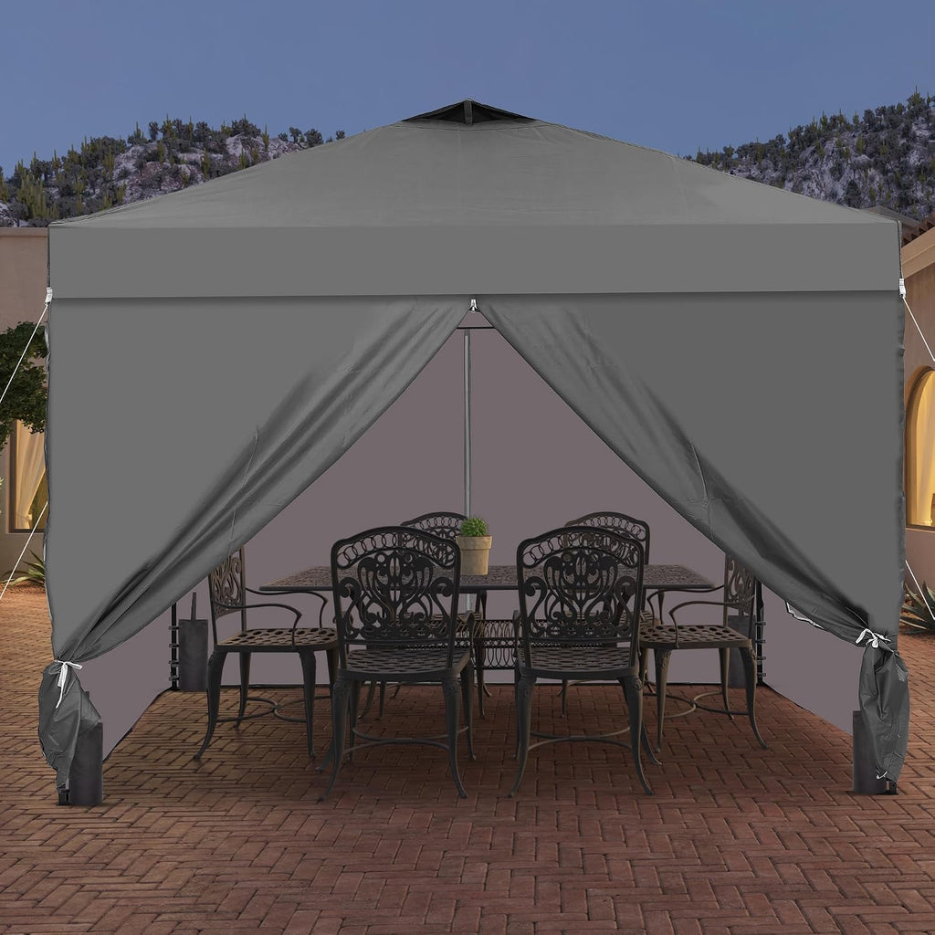 10x10 Pop Up Canopy Tent with One Push Setup, Portable Sun Shade Tent, Instant Easy Up Canopy with 4-Sidewalls & Wheeled Bag, Outdoor Fldable Gazebo with Vent Top, Grey.