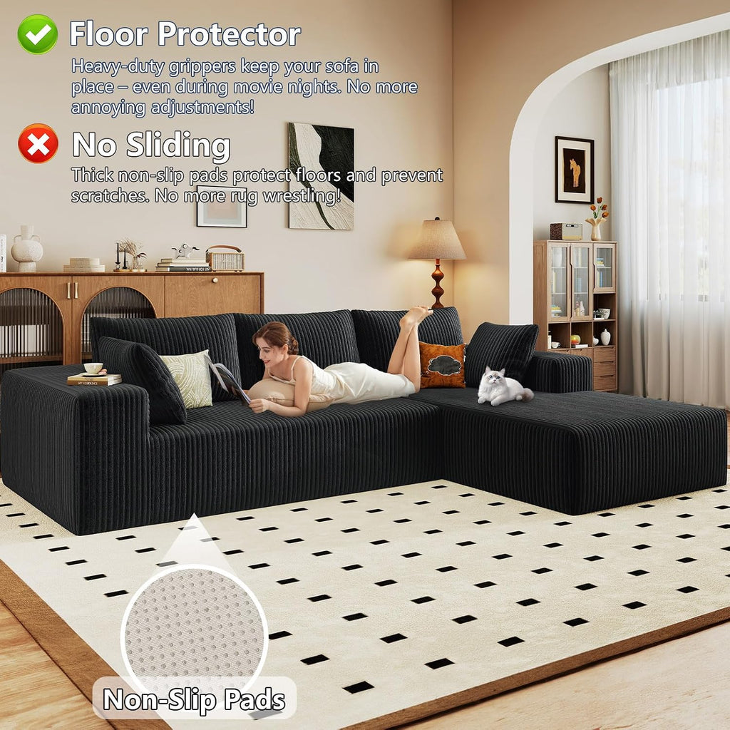 96' Modular Sectional Sofa, Modern Corduroy Cloud Couch with Deep Seat, Boneless Couch Upholstered 3-Seater L-Shaped Sofa for Living Room, No Assembly Required (Black, Right-Facing Chaise)