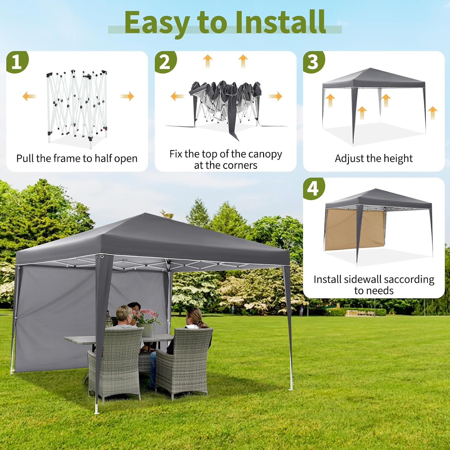 Garvee 10X10 Ft Instant Pop-Up Canopy Tent with 4 Sidewalls, Waterproof Portable Gazebo Shelter for Outdoor Camping, Beach, Backyard Parties & Events, Grey