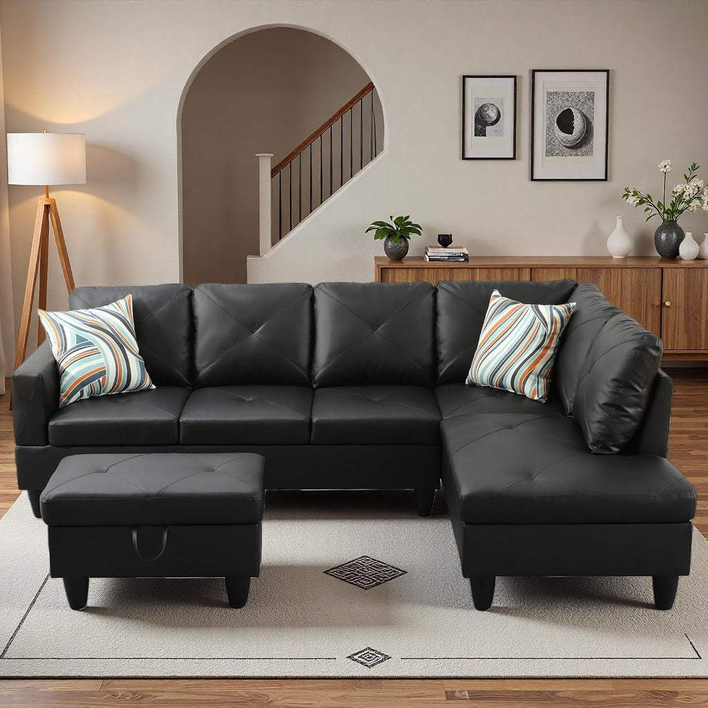 97.5' L Shaped Couch Set, Modular Sectional Couches for Living Room with Storage Ottoman, 4 Seat Home Sofa Living Room Furniture Sets with Chaise for Apartment Office (Faux Leather, Black)