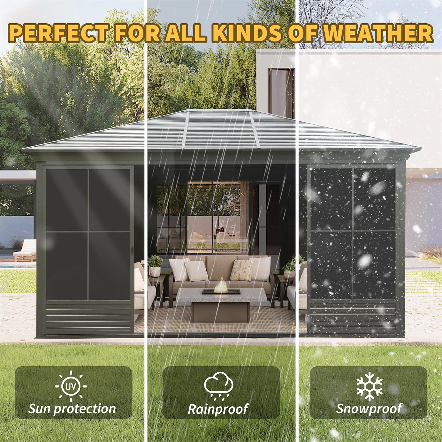 12x14FT Outdoor Sunroom Hardtop Gazebo with Lockable Doors & Movable PVC Windows | All-Weather Galvanized Steel Roof & Aluminum Frame, Black Solarium Screen House for Patio, Deck, Backyard