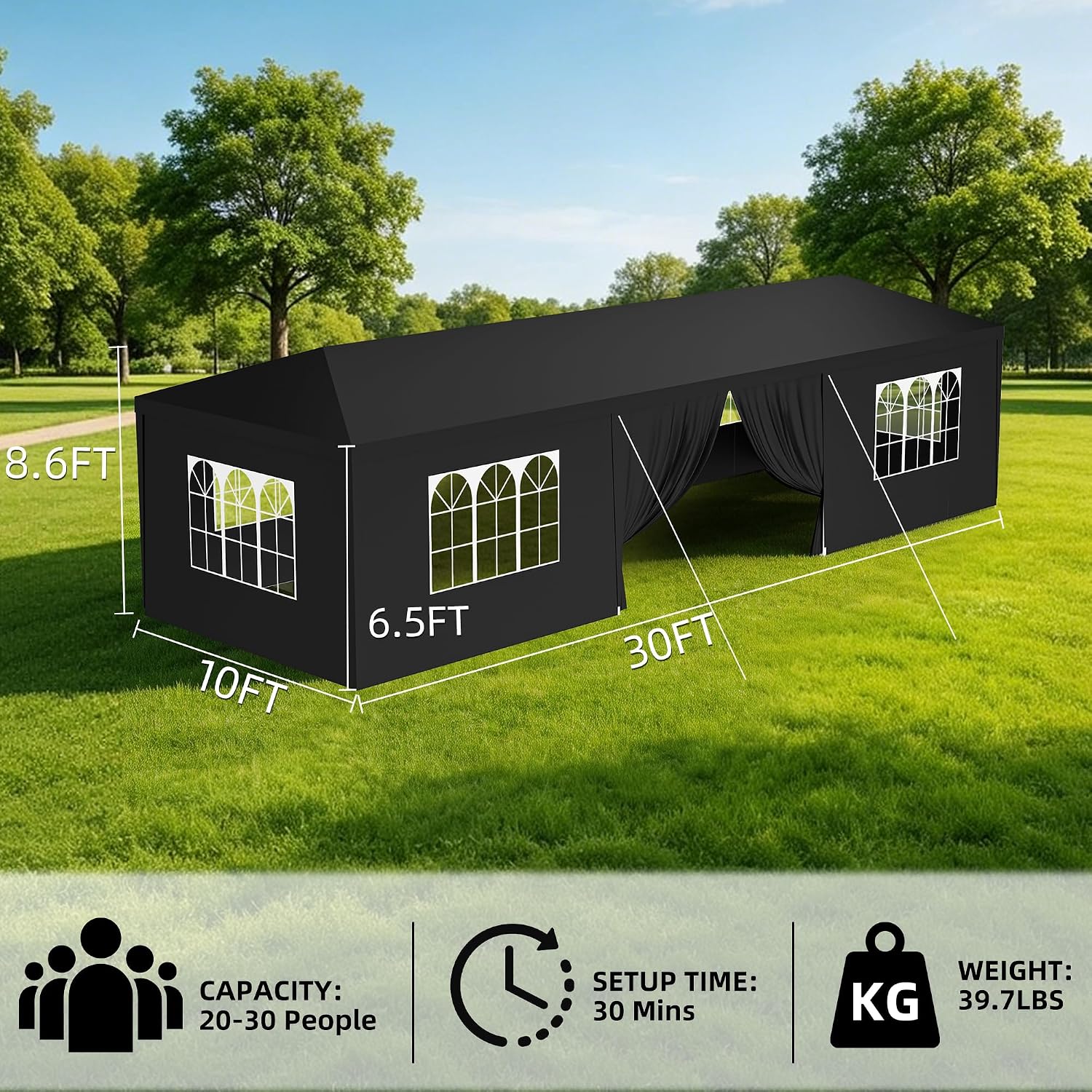 10x30 Party Tent Heavy Duty Outdoor Canopy Tents for Parties with 8 Removable Sidewalls Outside Large Gazebo Shelter Carpas para Fiestas for Backyard Patio Events Wedding BBQ, Black