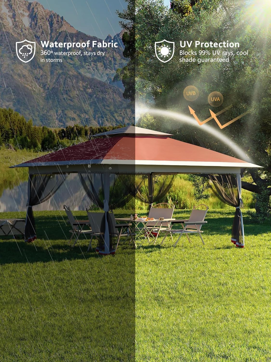 13x13ft Pop-Up Gazebo, Outdoor Canopy Tent With Mosquito Netting, Heavy Duty Party Tent Shelter With Waterproof and Ultraviolet Double Roof for Backyard, Garden, Lawn and Deck (Red)