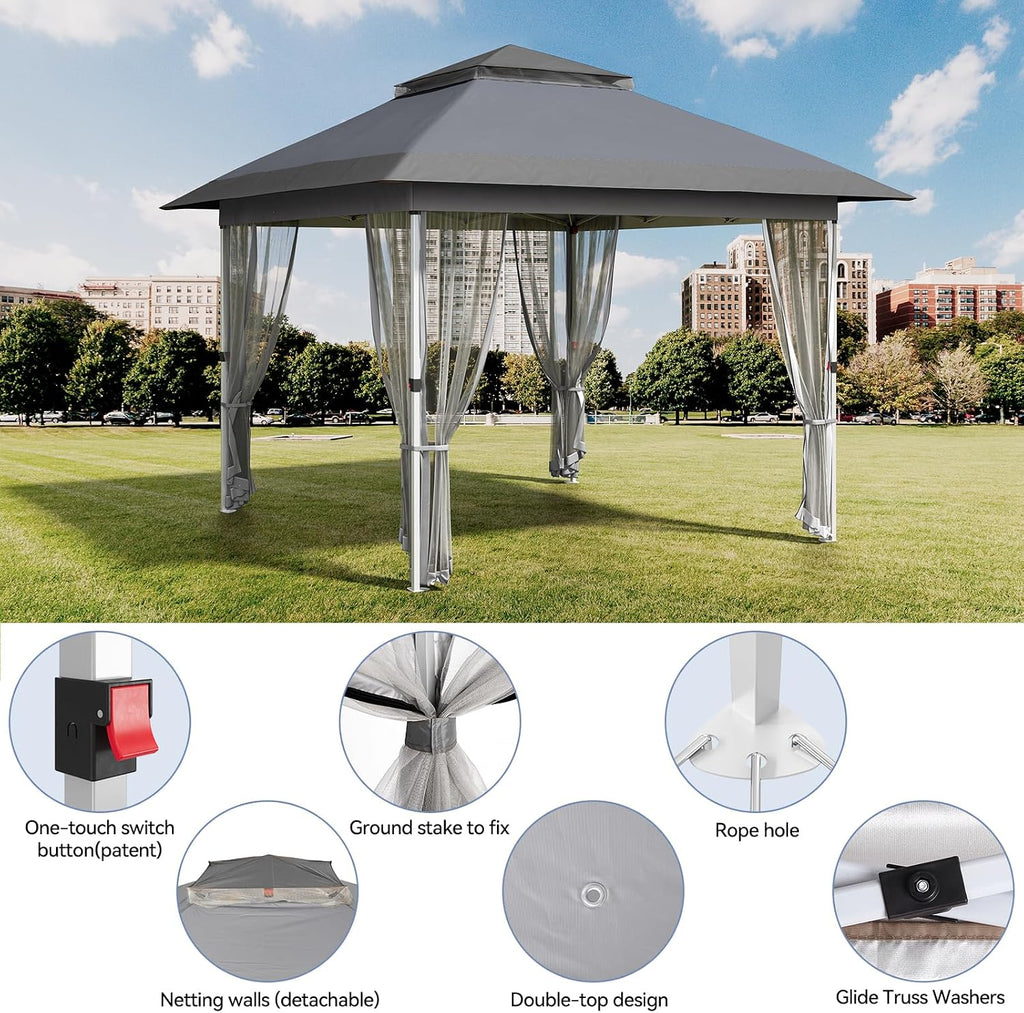 GarveeLife 12 ft x12 ft Gazebo Outdoor Pop up Canopy Tent with Curtains and 144 Square Shelter for Patio,Backyard Party, with Mosquito Netting, 2-Tiered Vented Top (Gray)