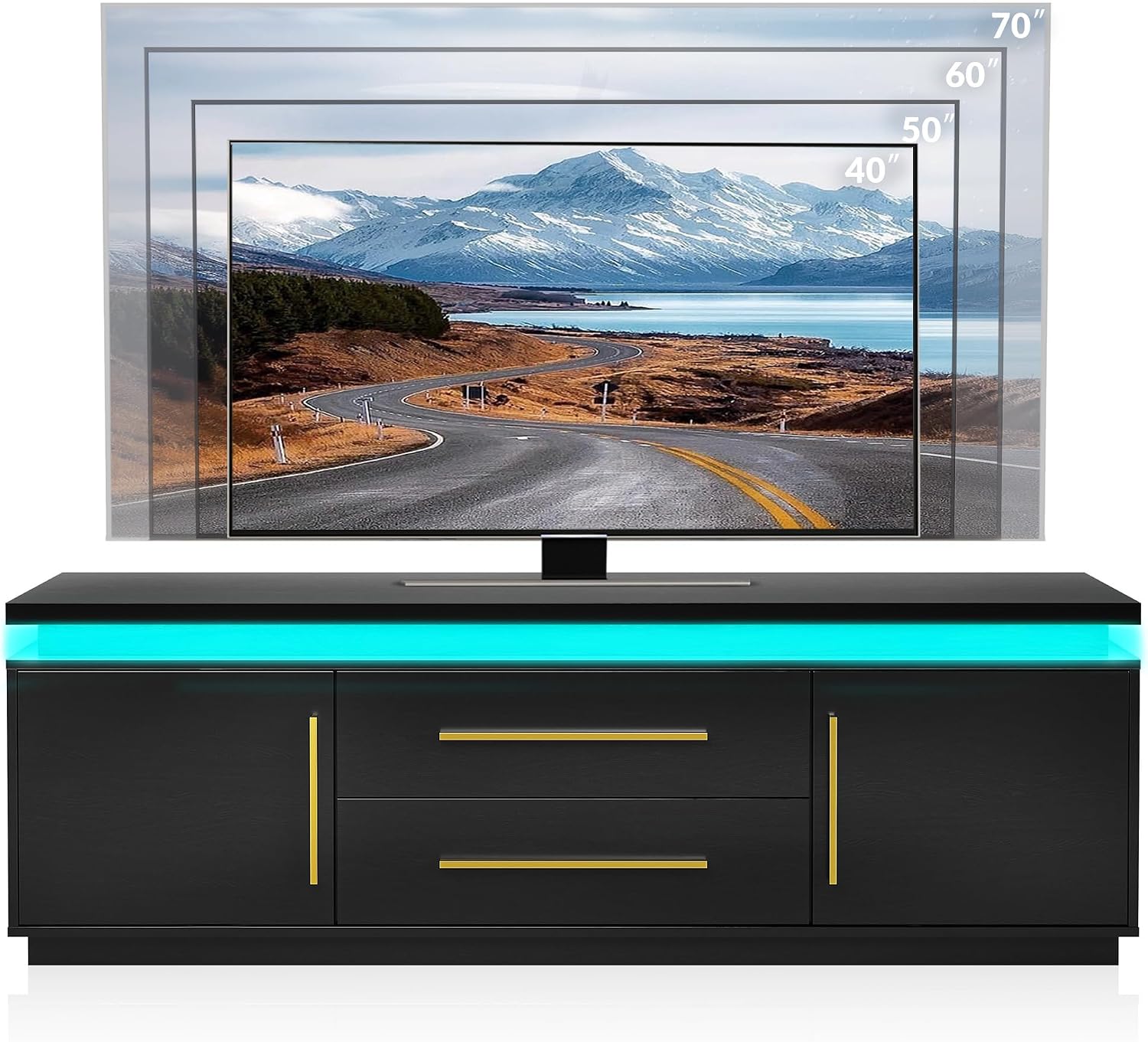 BELLEZE 67' TV Stand for TV up to 75', Modern Entertainment Center with LED Lights Change to Melody of Music, Media Console Table with Cabinets and Drawers for Living Room, Bedroom - Studio (Black)