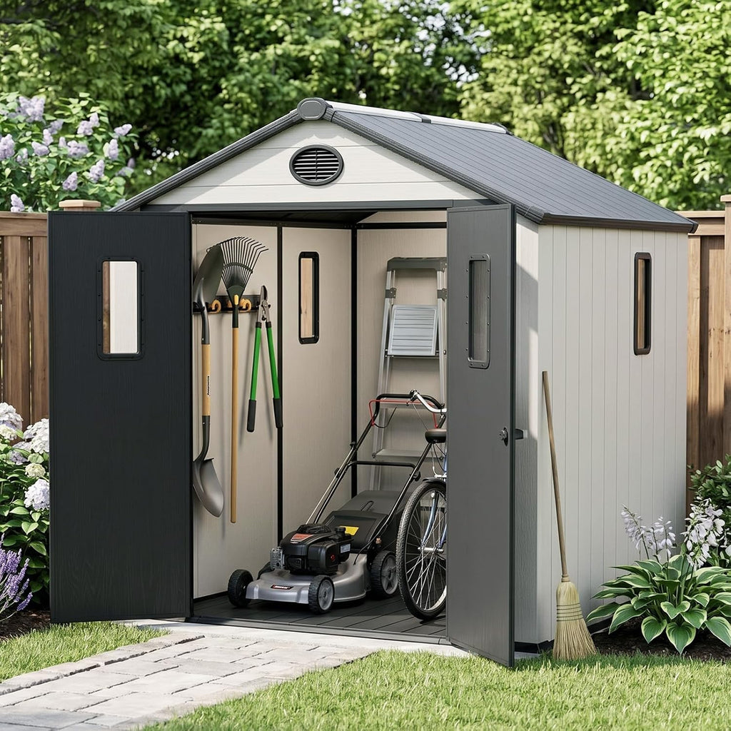 COOS BAY 8x6 Outdoor Storage Shed with Floor, Lockable Doors, All-Weather Resin Garden Tool Shed, White/Gray