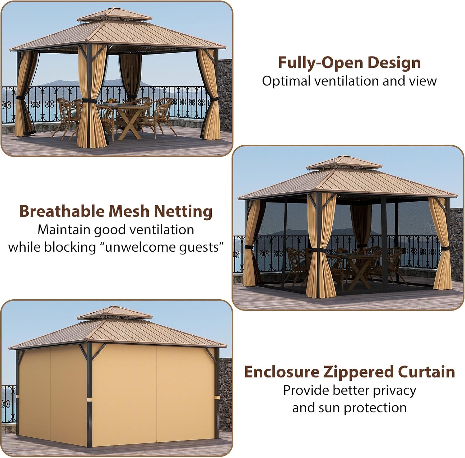 Tangkula 12x12 FT Hardtop Gazebo, Aluminum Frame Permanent Pavilion with Curtains, Netting, Heavy-Duty Double-Tier Galvanized Metal Roof, Outdoor Gazebo for Patios Garden Deck Lawn Backyard