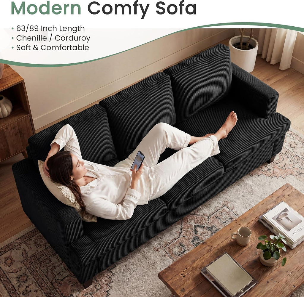 YOUDENOVA 2 Piece Set Comfy Sofa Couch, 2 3-Seater Sofa with Deep Seats, Modern Sleeper Couch for Living Room, Black Corduroy