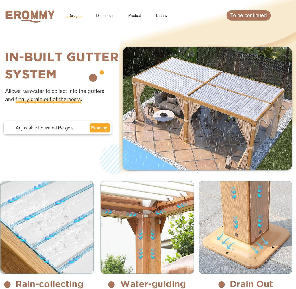 EROMMY Louvered Pergola 10x20, Outdoor Aluminum Pergola with Adjustable Rainproof Roof for Garden, Patio, Deck, Waterproof Curtains and Netting Included, Wood Grain