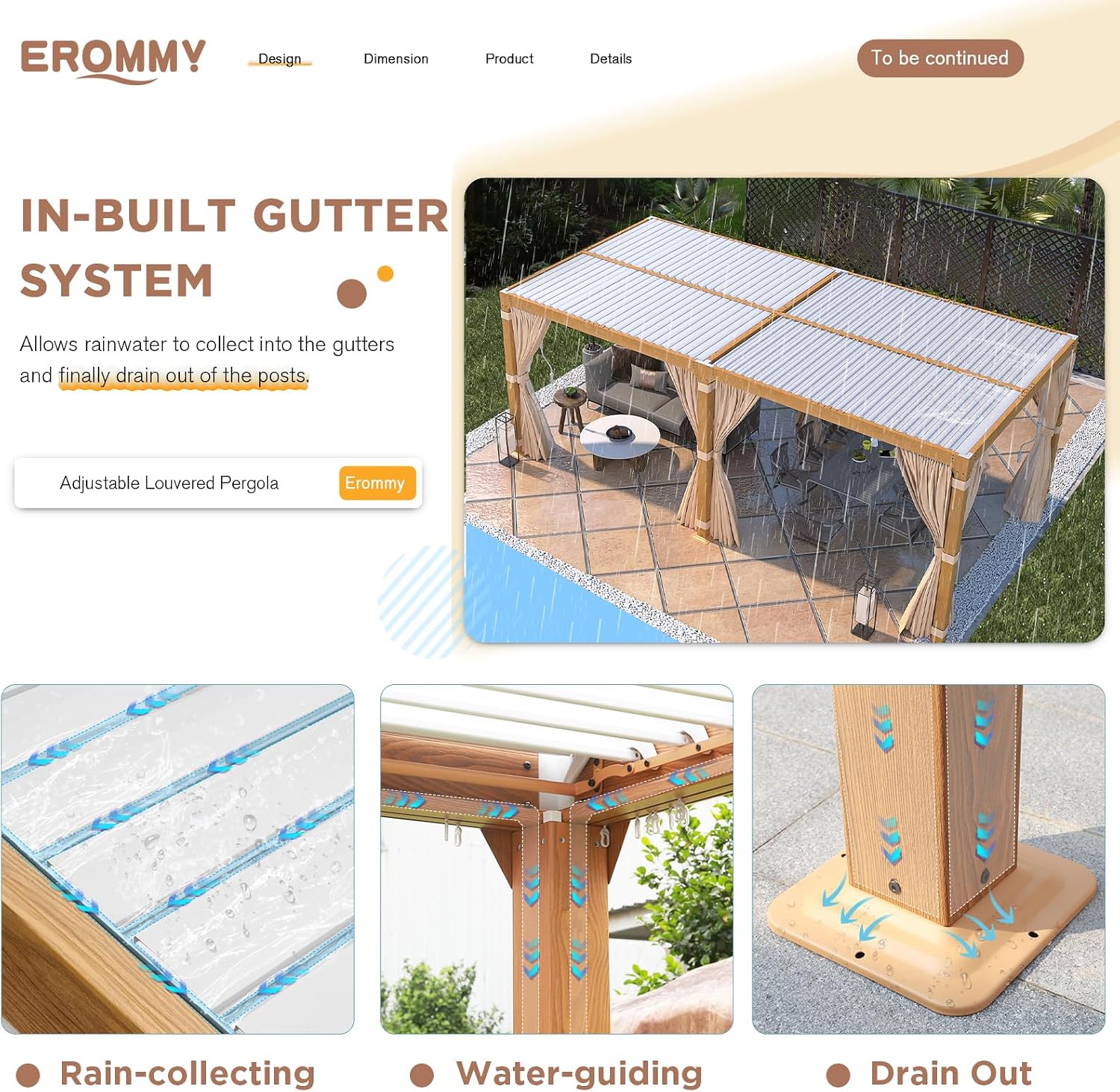 EROMMY Louvered Pergola 10x20, Outdoor Aluminum Pergola with Adjustable Rainproof Roof for Garden, Patio, Deck, Waterproof Curtains and Netting Included, Wood Grain