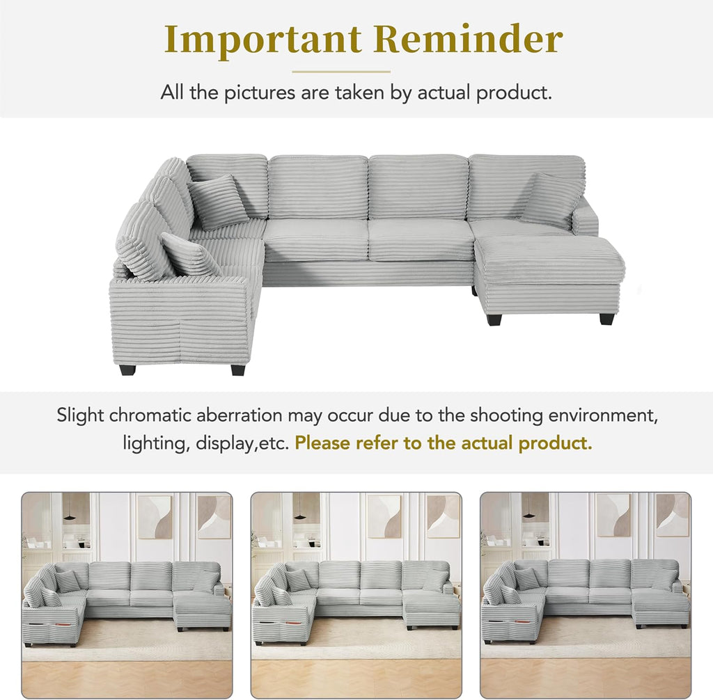 125.2' Sectional Sofa U-Shaped Upholstered Sofa L-Shaped Couch with a Movable Ottoman and Side Storage Pockets for Living Room, Grey