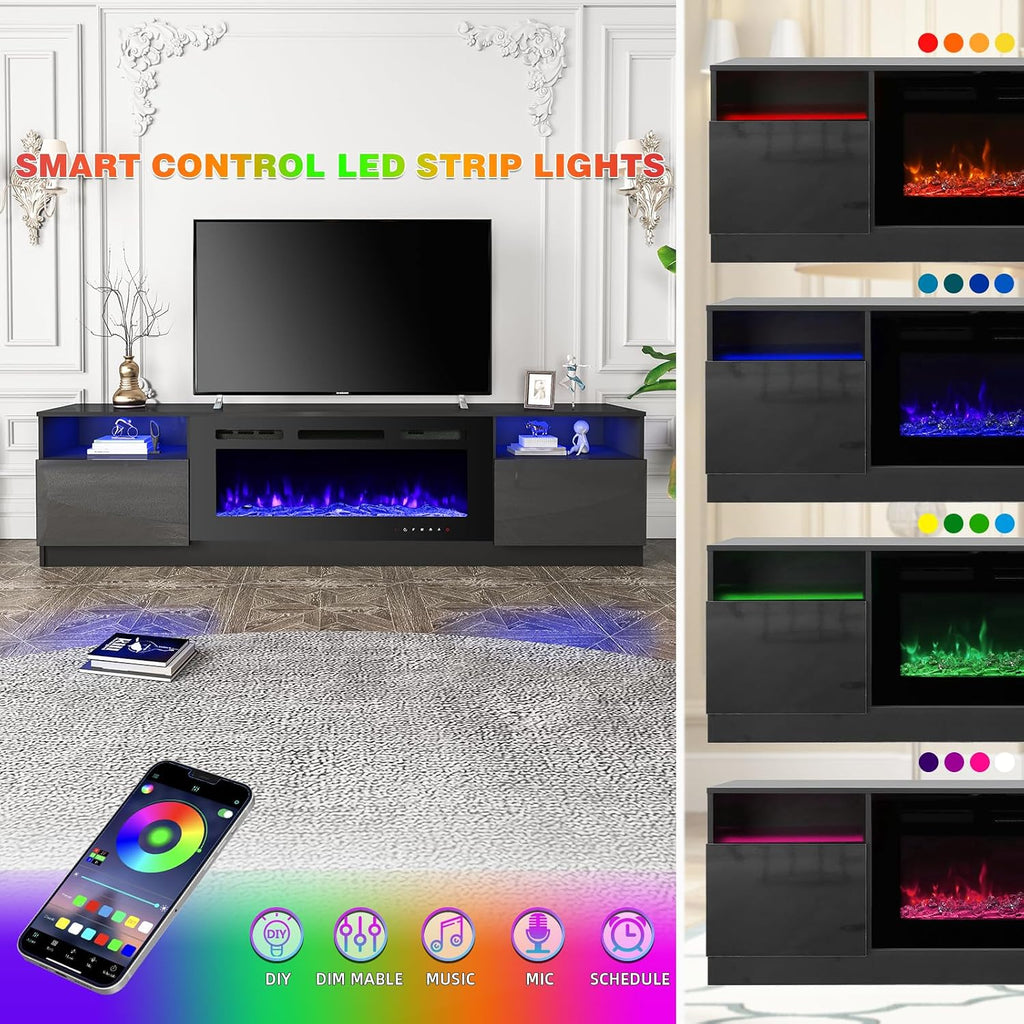 EROMMY 80'' Fireplace TV Stand with 40'' Electric Fireplace, Entertainment Center with 16 Color Led Lights and 12 Flame Fireplace Insert Heater, TV Console for TVs up to 90'' for Living Room, Black