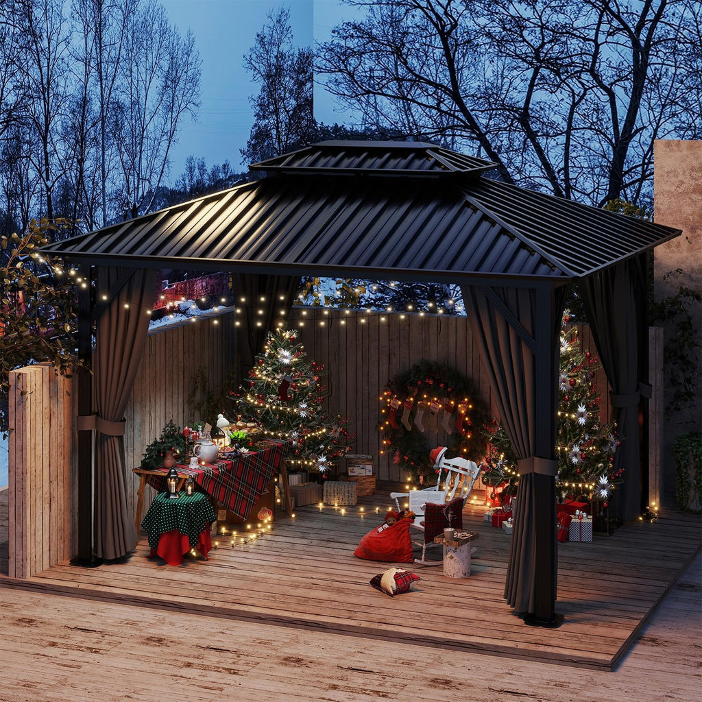 10'x12' Hardtop Gazebo, Double Galvanized Steel Roof with Sturdy Aluminum Frame, Outdoor Pavilion with Mosquito Netting and Privacy Curtains for Patio, Deck, and Backyard