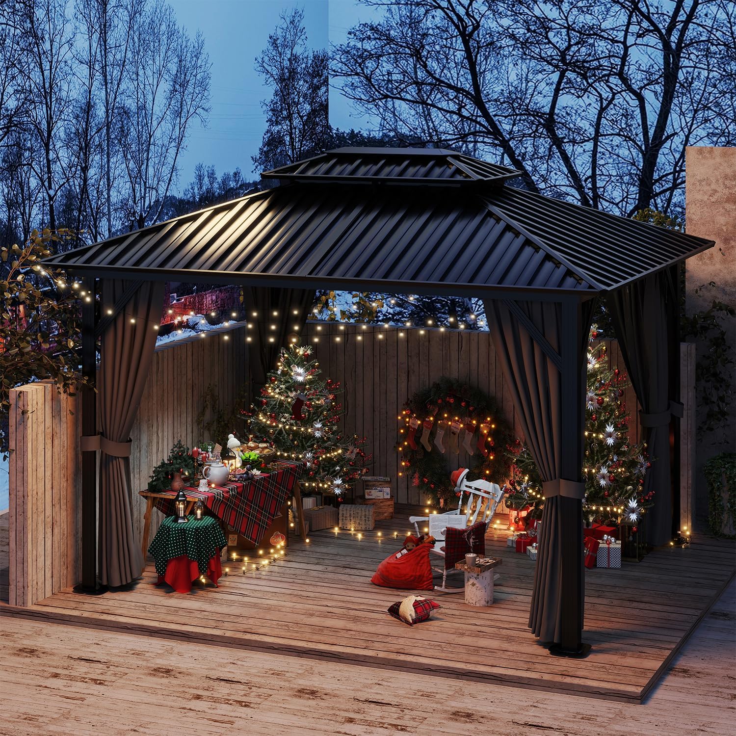 10'x12' Hardtop Gazebo, Double Galvanized Steel Roof with Sturdy Aluminum Frame, Outdoor Pavilion with Mosquito Netting and Privacy Curtains for Patio, Deck, and Backyard