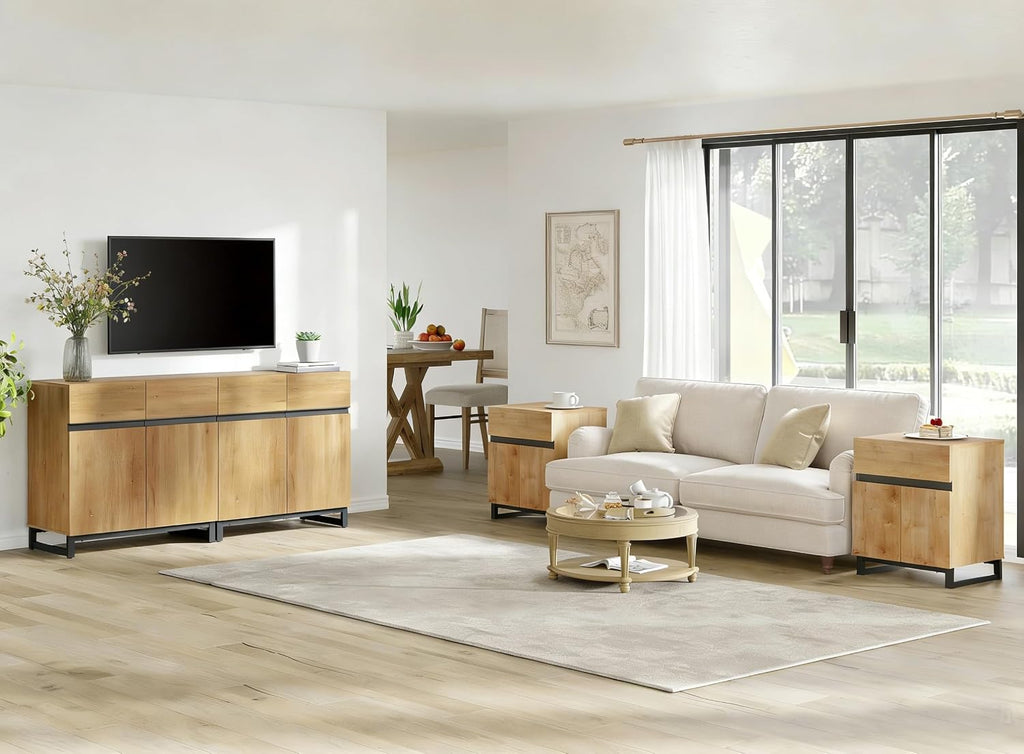 WAMPAT Modern TV Stand for TVs Up to 70 Inch, 2-in-1 Entertainment Center with Adjustable Shelves & Metal Base, Media Console for Living Room or Bedroom, Oak