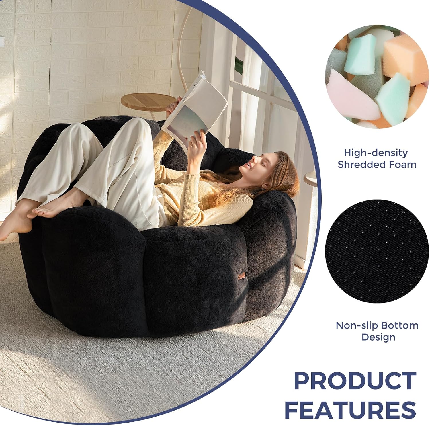 MAXYOYO Bean Bag Chair for Adults, Floral Shaped Bean Bag Sofa, Ultra Soft Faux Fur Floor Sofa, Large Reading Chair for Living Room Bedroom, Black, Single