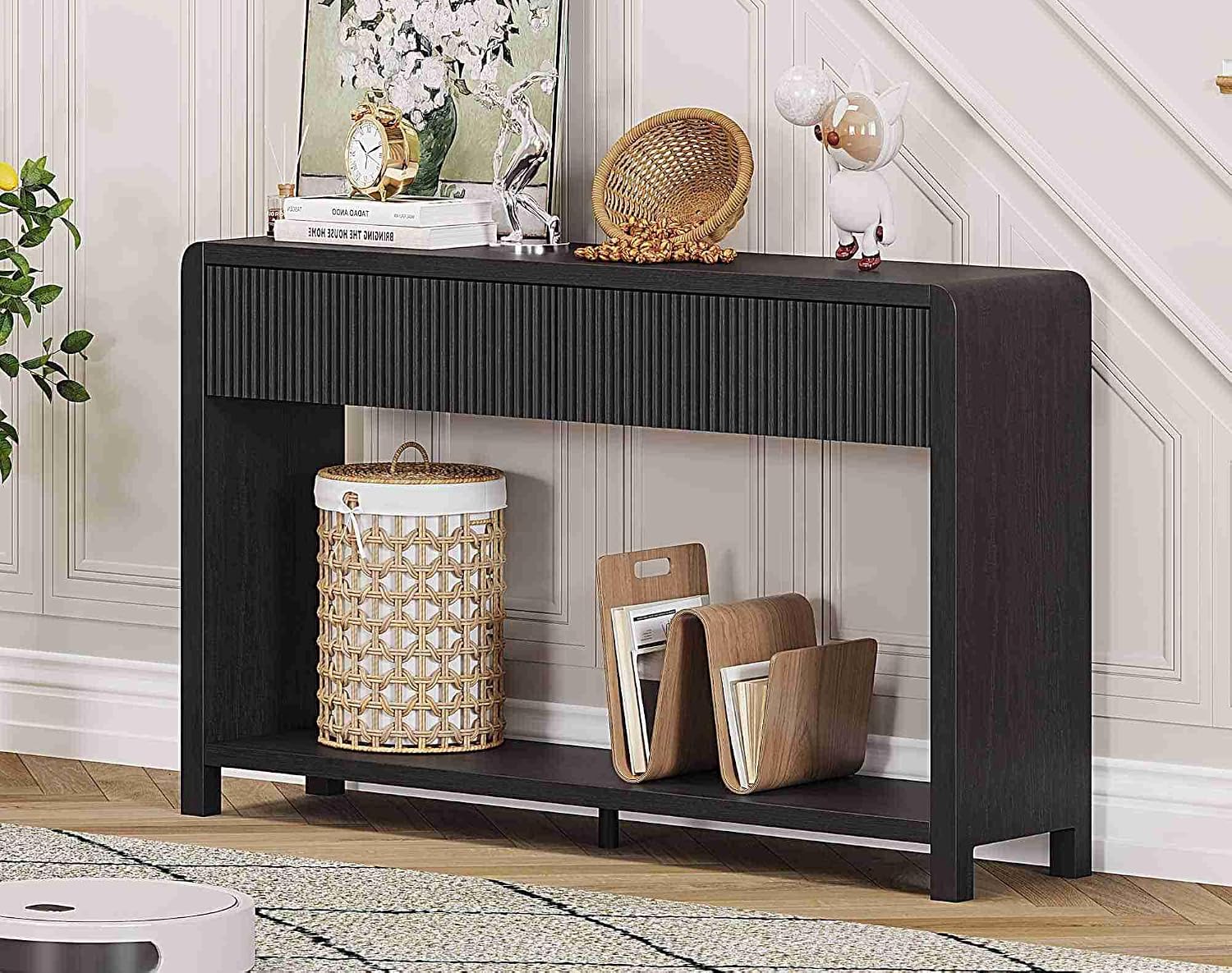 FATORRI Console Table for Entryway, Modern Sofa Table with 2 Drawers for Living Room, Wood Hallway Tables and Couch Tables Behind Sofa (47.2 inch, Black)