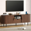 63' Mid-Century TV Stand with Power Outlet, Fluted Entertainment Center with Storage and Drawer, TV Console with Sliding Door and Adjustable Shelves, TV Stand up to 80' for Living Room, Walnut