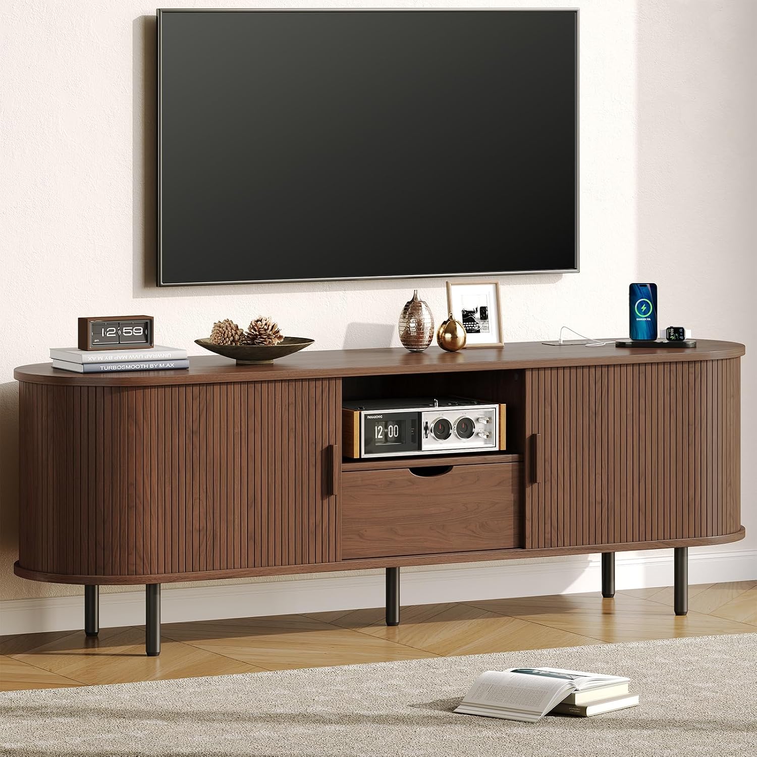 63' Mid-Century TV Stand with Power Outlet, Fluted Entertainment Center with Storage and Drawer, TV Console with Sliding Door and Adjustable Shelves, TV Stand up to 80' for Living Room, Walnut