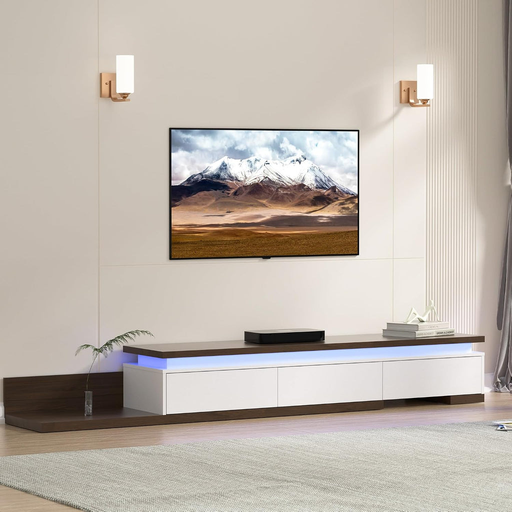 Betterhood Extendable TV Stand with LED Lights (80' - 106'), Wood Entertainment Center for Up to 120' TV, Modern Reversible TV Console with Three Drawers, Living Room, Bedroom (White)