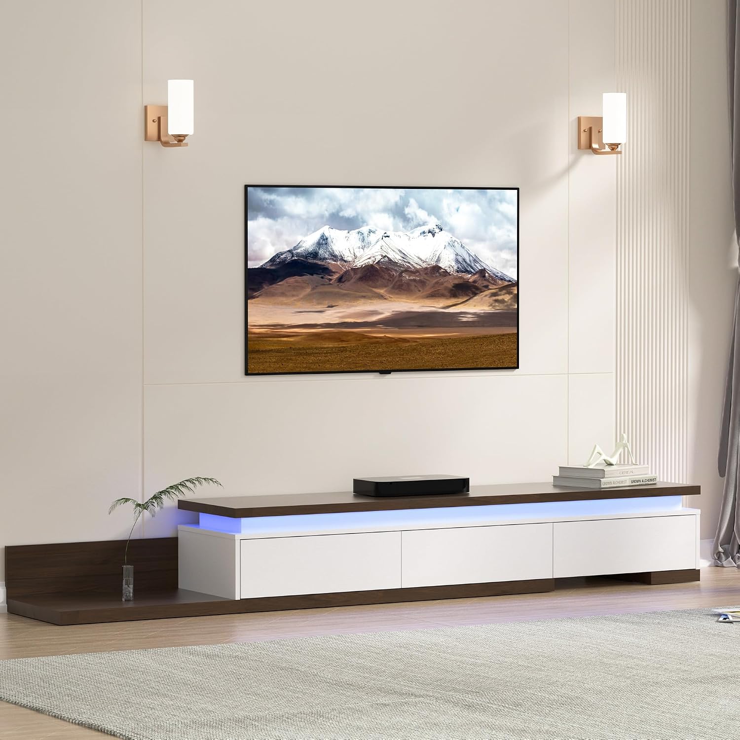Betterhood Extendable TV Stand with LED Lights (80' - 106'), Wood Entertainment Center for Up to 120' TV, Modern Reversible TV Console with Three Drawers, Living Room, Bedroom (White)
