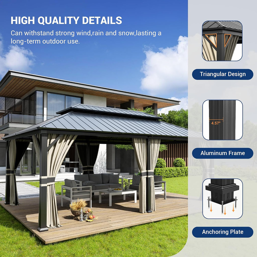 Amopatio 12' X 20' Hardtop Gazebo, Aluminum Gazebo with Double Galvanized Steel Roof, Curtains and Netting Included,Outdoor Metal Pergola for Patios, Garden, Parties, Lawns（Beige