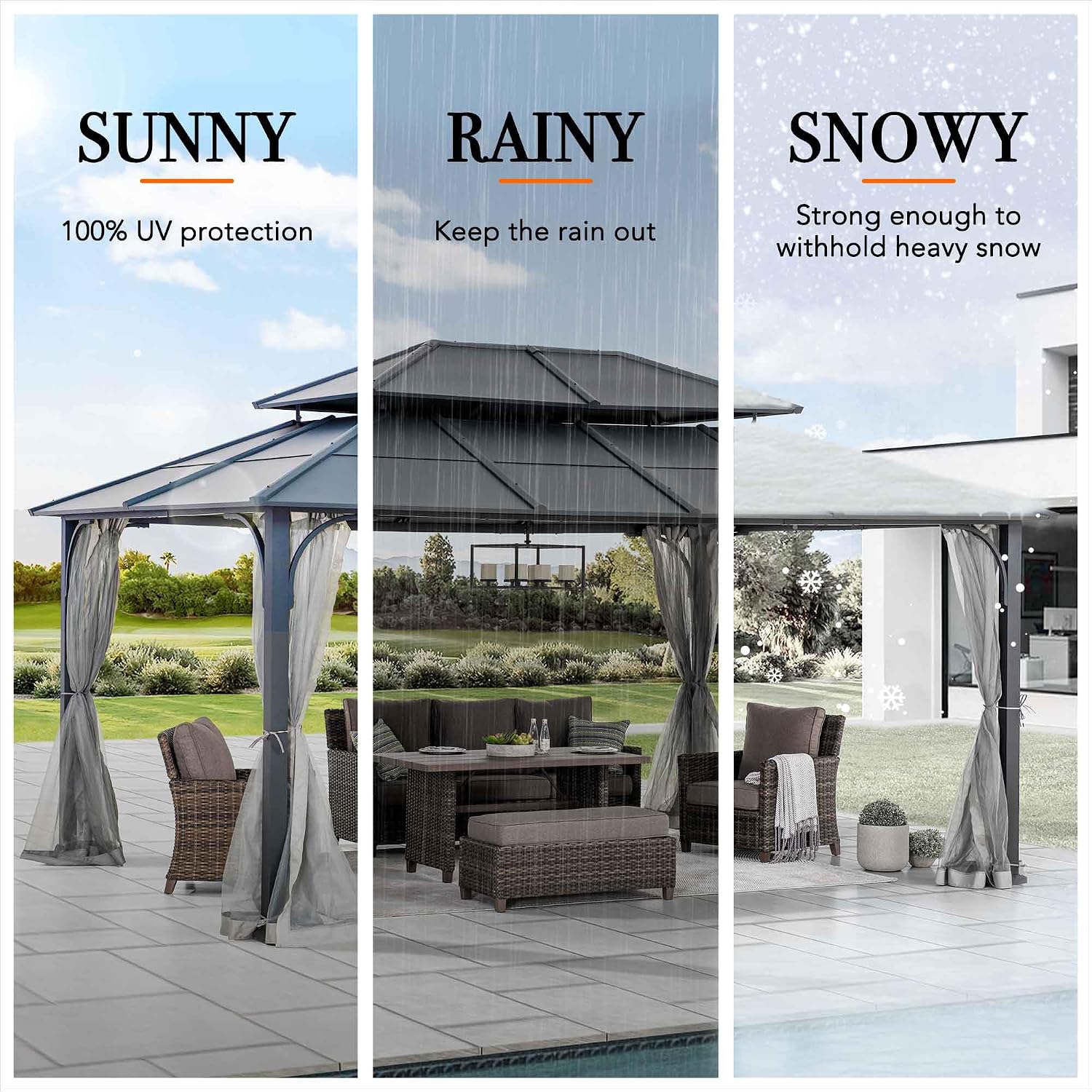 Sunjoy Hardtop Gazebo 12 x 16 ft. Outdoor Gazebo, Heavy Duty Steel Frame Gazebo, Double Tiered Metal Gazebo with Ceiling Hook and Removable Netting Sidewalls, Black