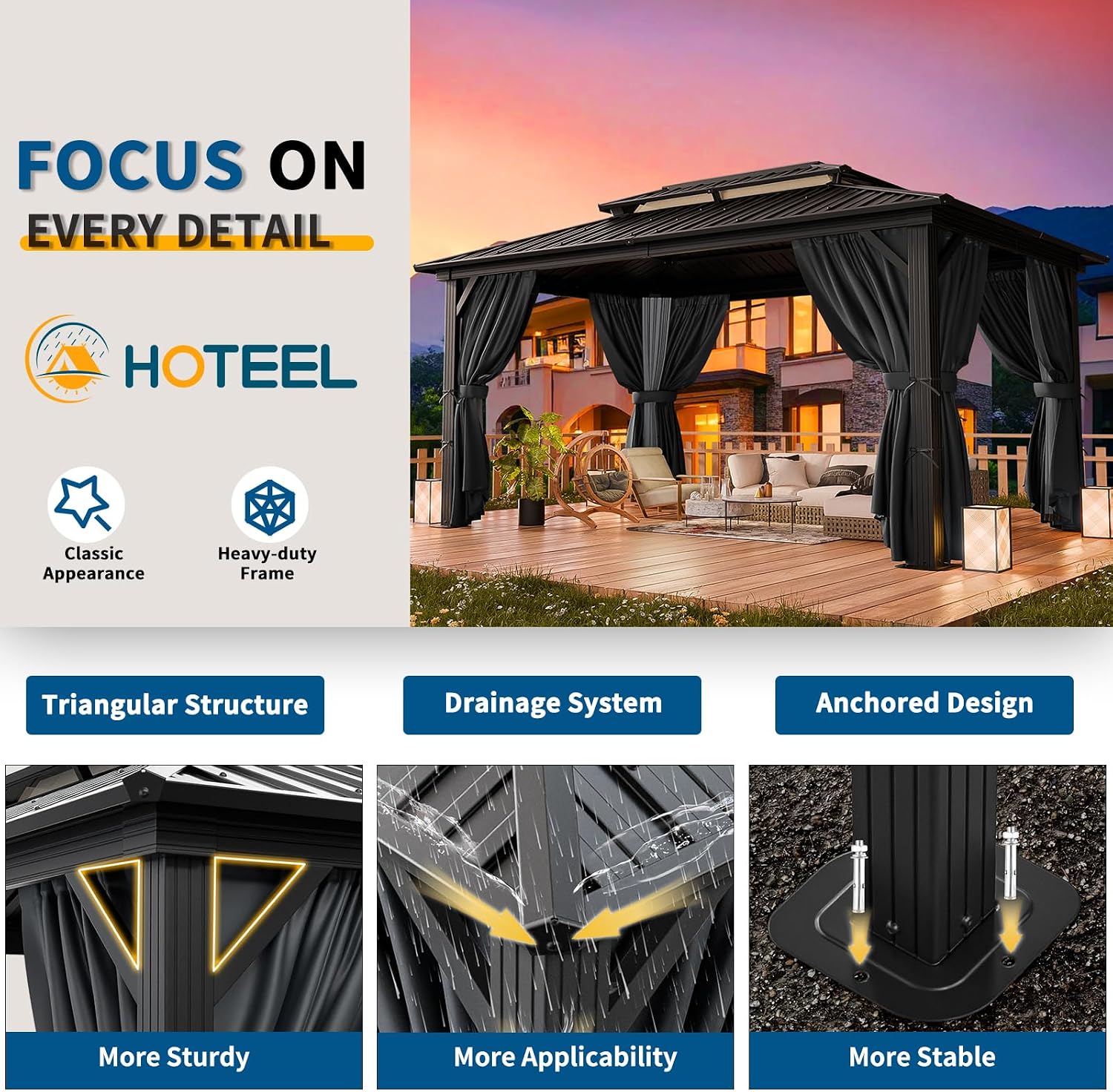 HOTEEL 10x15 Hardtop Gazebo On Clearance with Heavy Duty Galvanized Steel Metal Roof, Patio Hard Top Gazebo with Curtains & Netting,Outdoor Permanent Hot tub Gazebo Pavillon for Backyard,Deck,Black