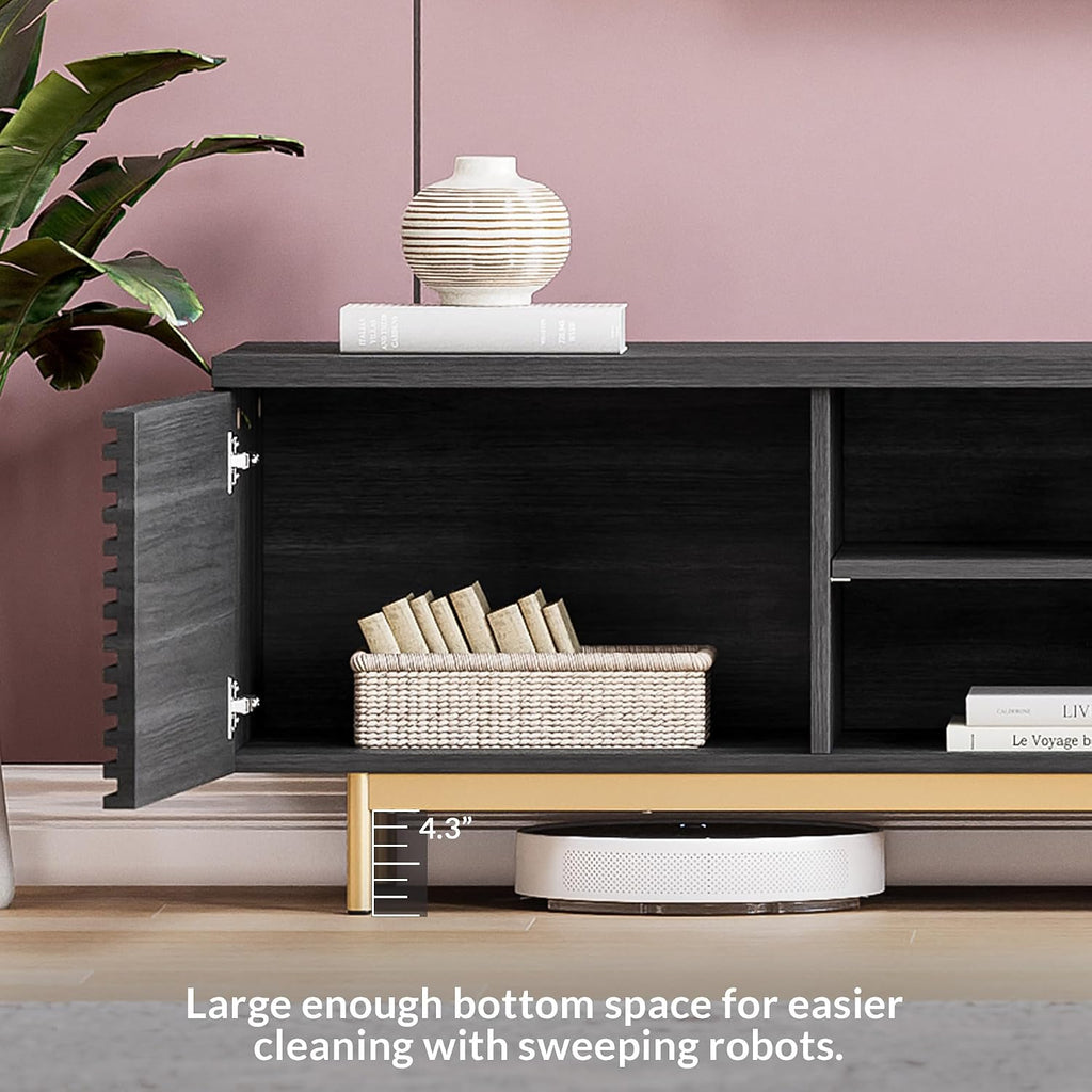 BELLEZE 68' Fluted TV Stand for TV up to 75', Modern Entertainment Center with Storage Cabinet, Slatted Door Decorated Media Console Table, Home Living Room Bedroom Furniture(Ebony)