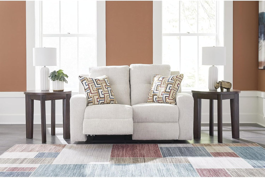 Signature Design by Ashley Danum Modern Tufted Manual Reclining Loveseat with 2 Accent Pillows, Beige