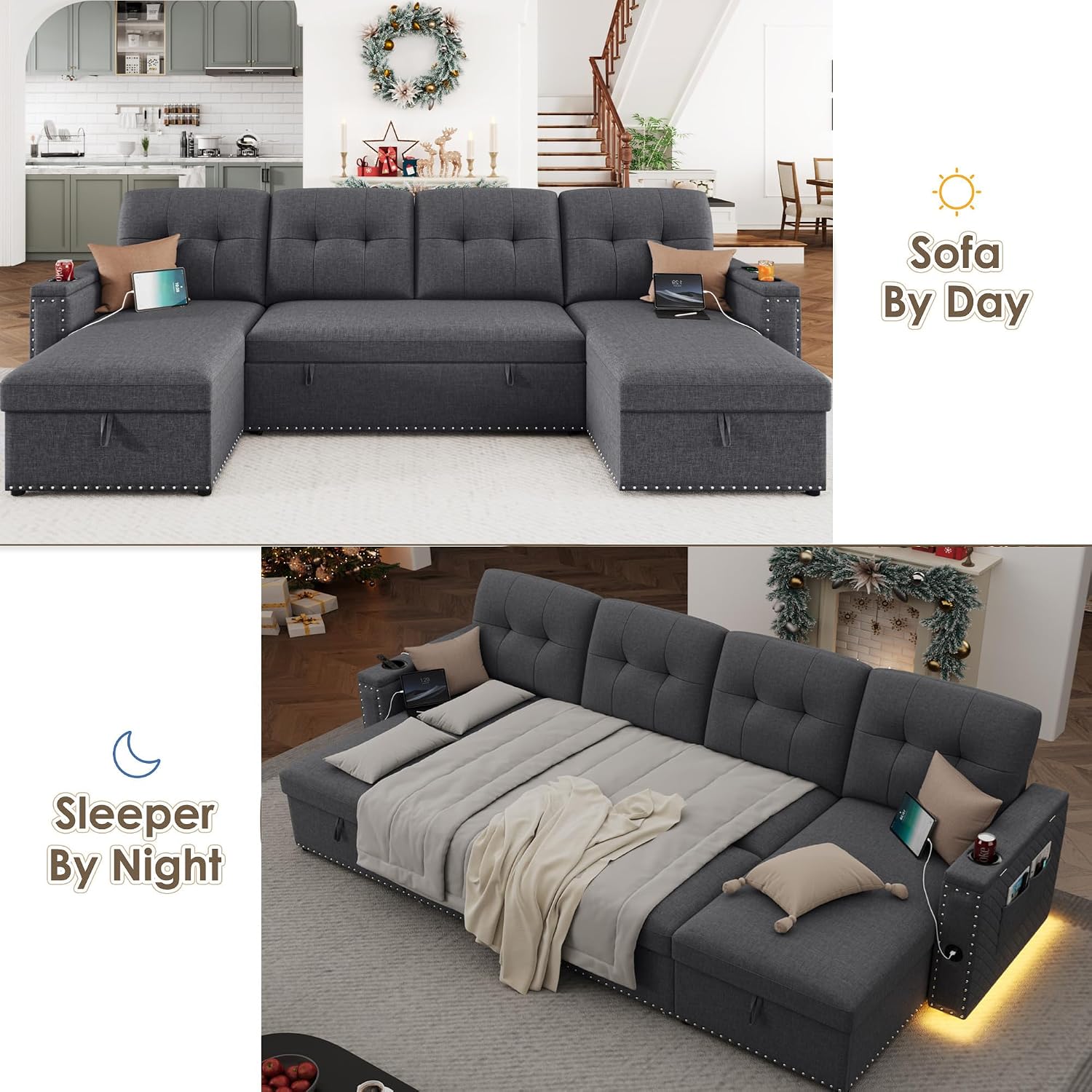 HIFIT 106' Sectional Couches for Living Room- Pull Out Sleeper Sofa Couch w/Storage Chaise,Storage Armrest,LED Light&USB Port&Cupholder, Modern Linen U Shaped Home Sofa Living Room Furniture Set, Grey