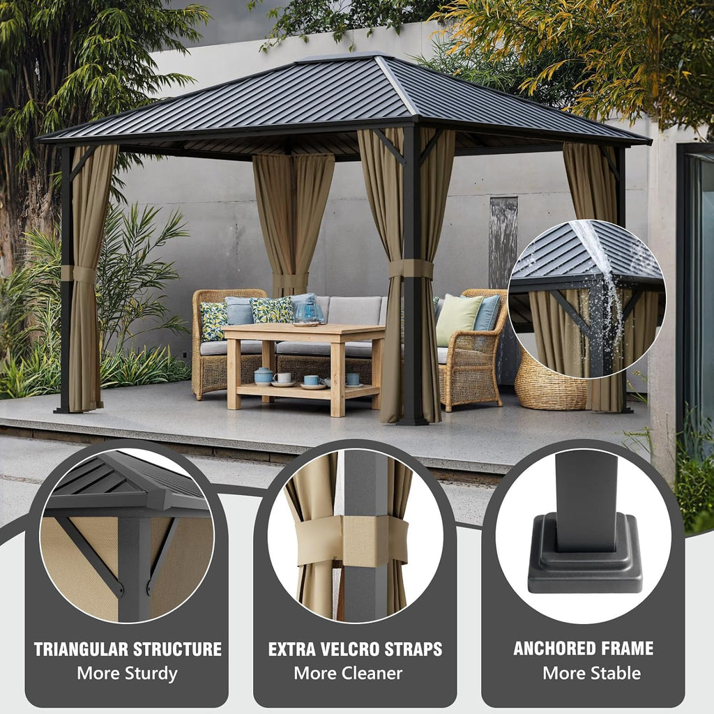 10x12 Hardtop Gazebos, Heavy Duty Outdoor Gazebo with Powder-Coated Iron Frame, Galvanized Steel Roof & Mosquito Netting, Permanent Pavilion Gazebo for Backyards & Patios