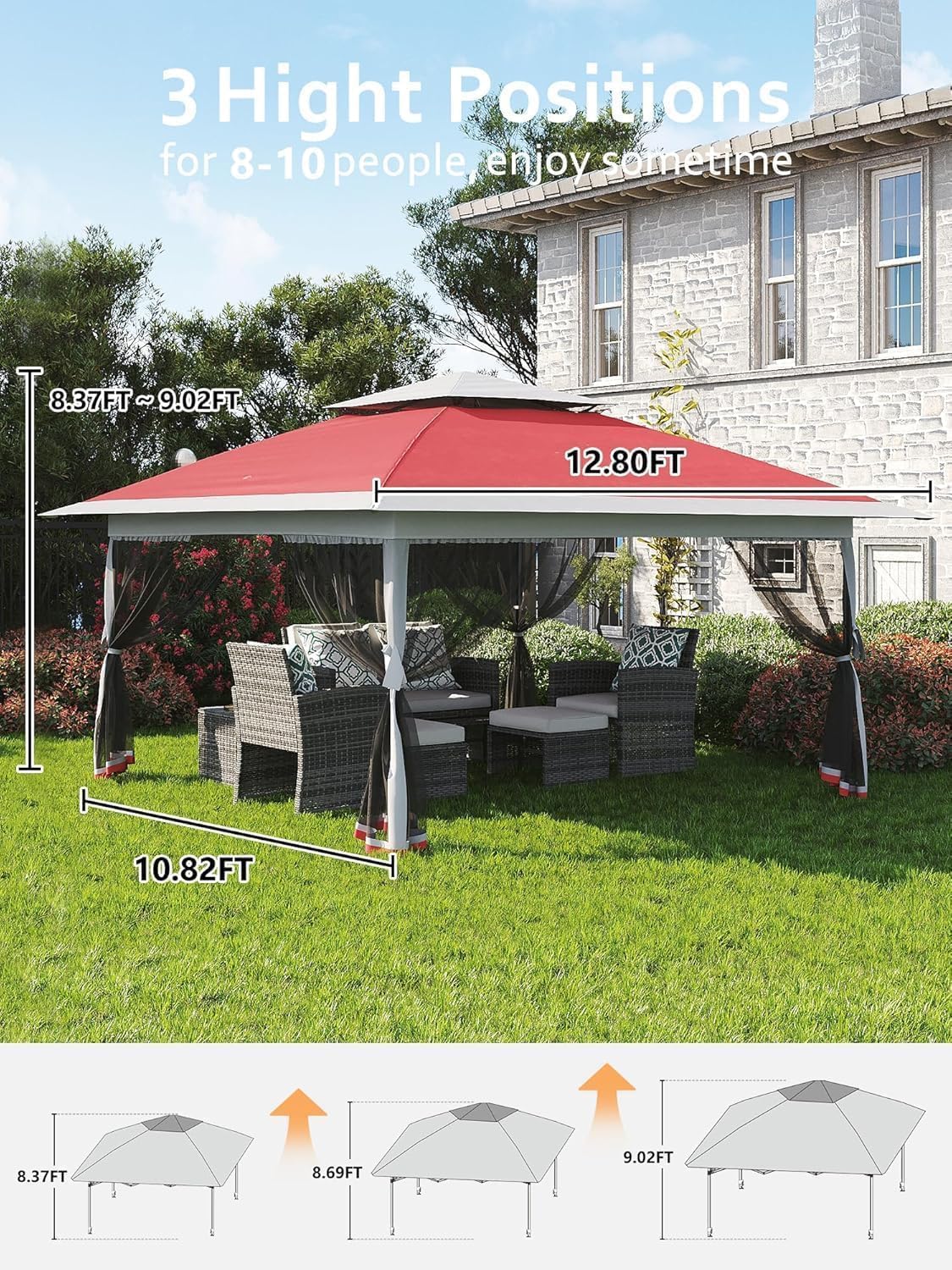 13x13ft Pop-Up Gazebo, Outdoor Canopy Tent With Mosquito Netting, Heavy Duty Party Tent Shelter With Waterproof and Ultraviolet Double Roof for Backyard, Garden, Lawn and Deck (Red)