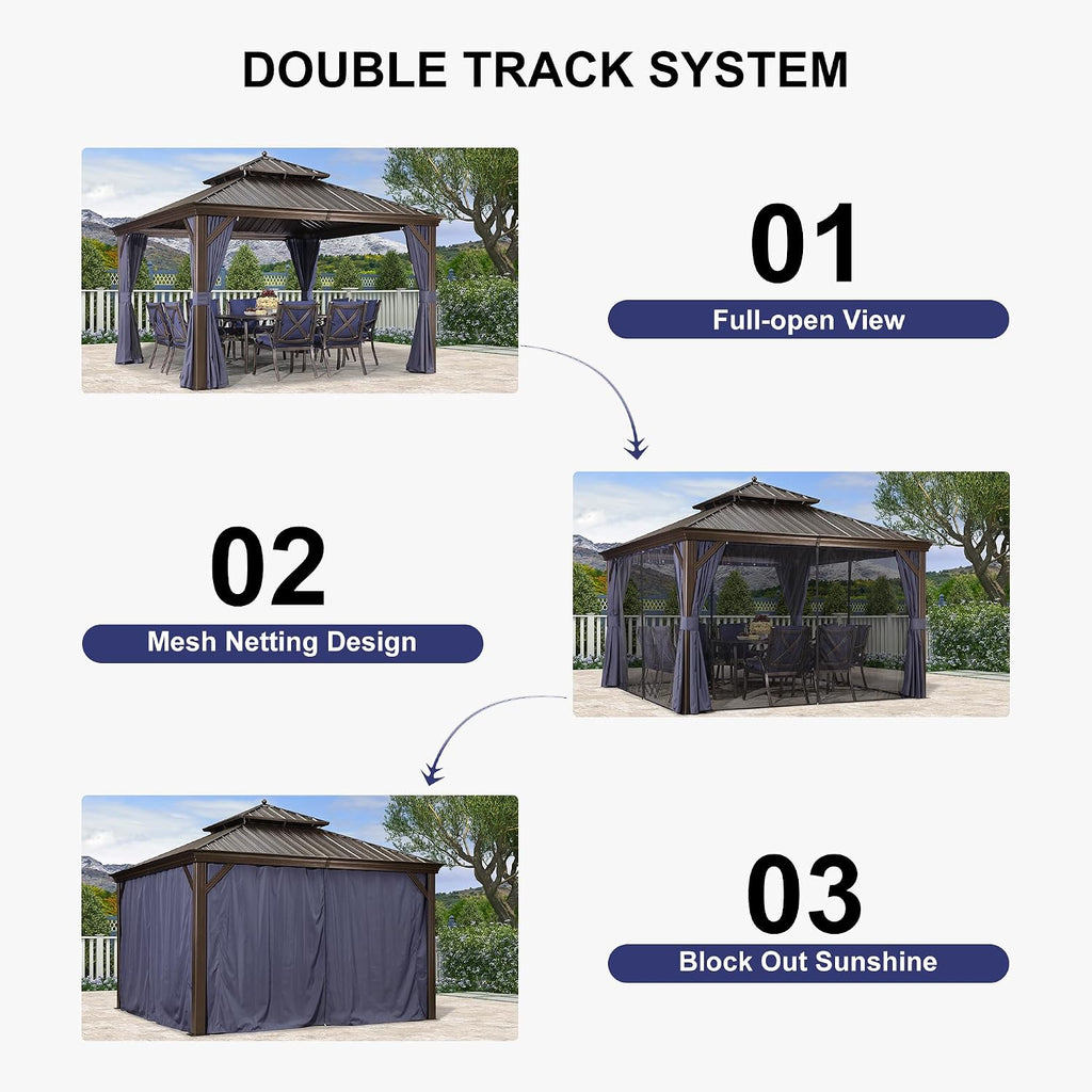 PURPLE LEAF 12' X 12' Hardtop Gazebo Canopy with Netting and Curtains for Outdoor Hot Tub Heavy Duty Backyard Sunshade Deck Metal Roof Patio Permanent Pavilion