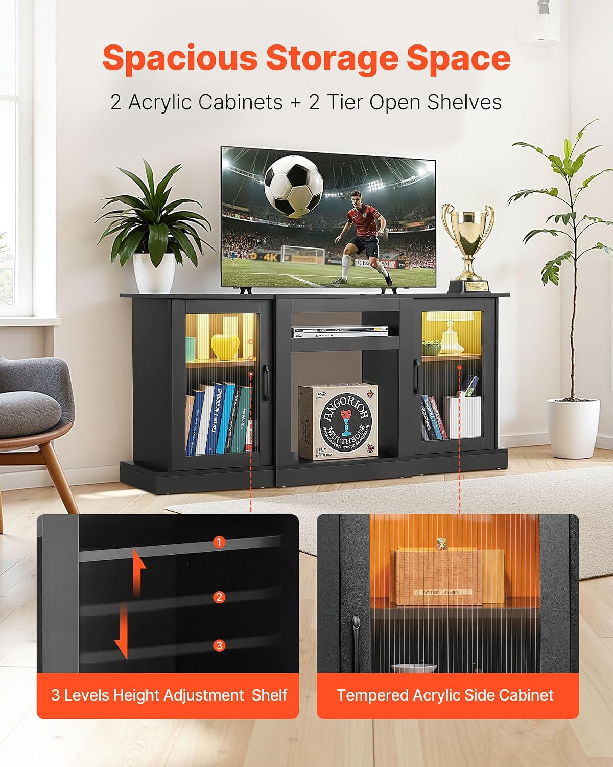 VEVOR Tall TV Stand for 65 inch TVs, Modern Entertainment Center with LED Light, Wooden TV Storage Cabinet with Glass Doors and Adjustable Shelves, Media Console for Living Room and Bedroom, Black