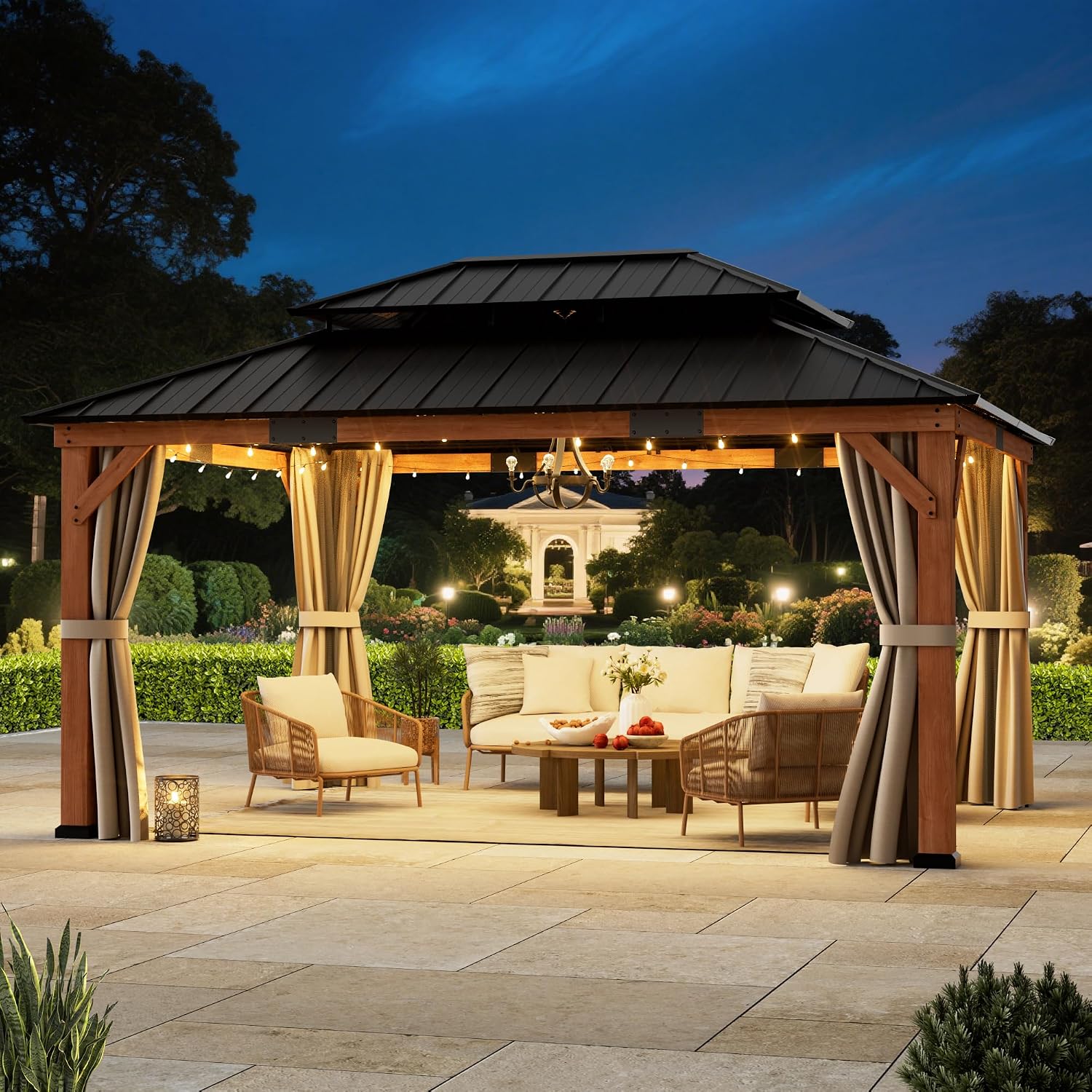 Big Leaf Wood Gazebo 12'x16', Cedar Frame Hardtop Gazebo with Double Galvanized Steel Roof & Grill Shelter, Sturdy Hook Design for Outdoor Patio, Deck, Garden and Backyard