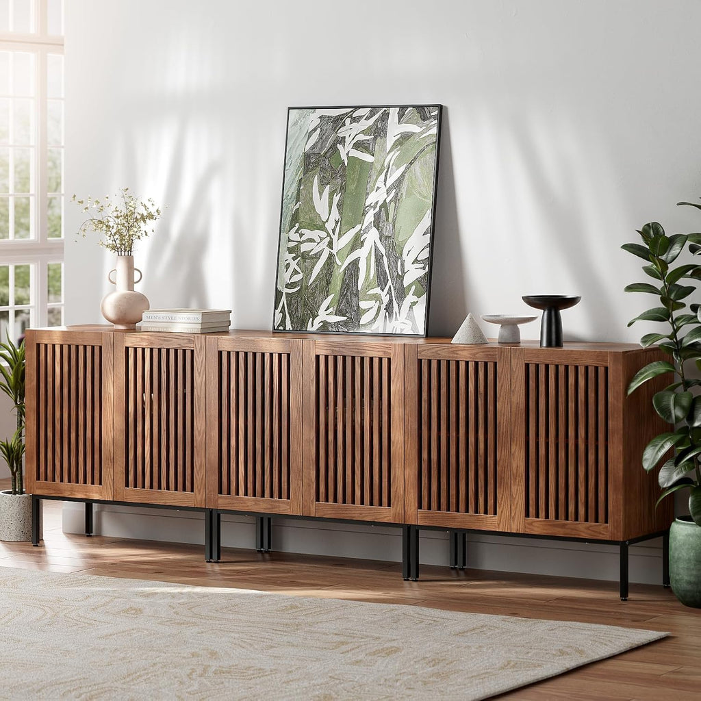 BVIUNTWO Farmhouse TV Stand for TVs up to 95 Inch, 3-in-1 Entertainment Center with Storage Cabinets and Metal Base, Large Media Console for Living Room, Home Theater, Brown