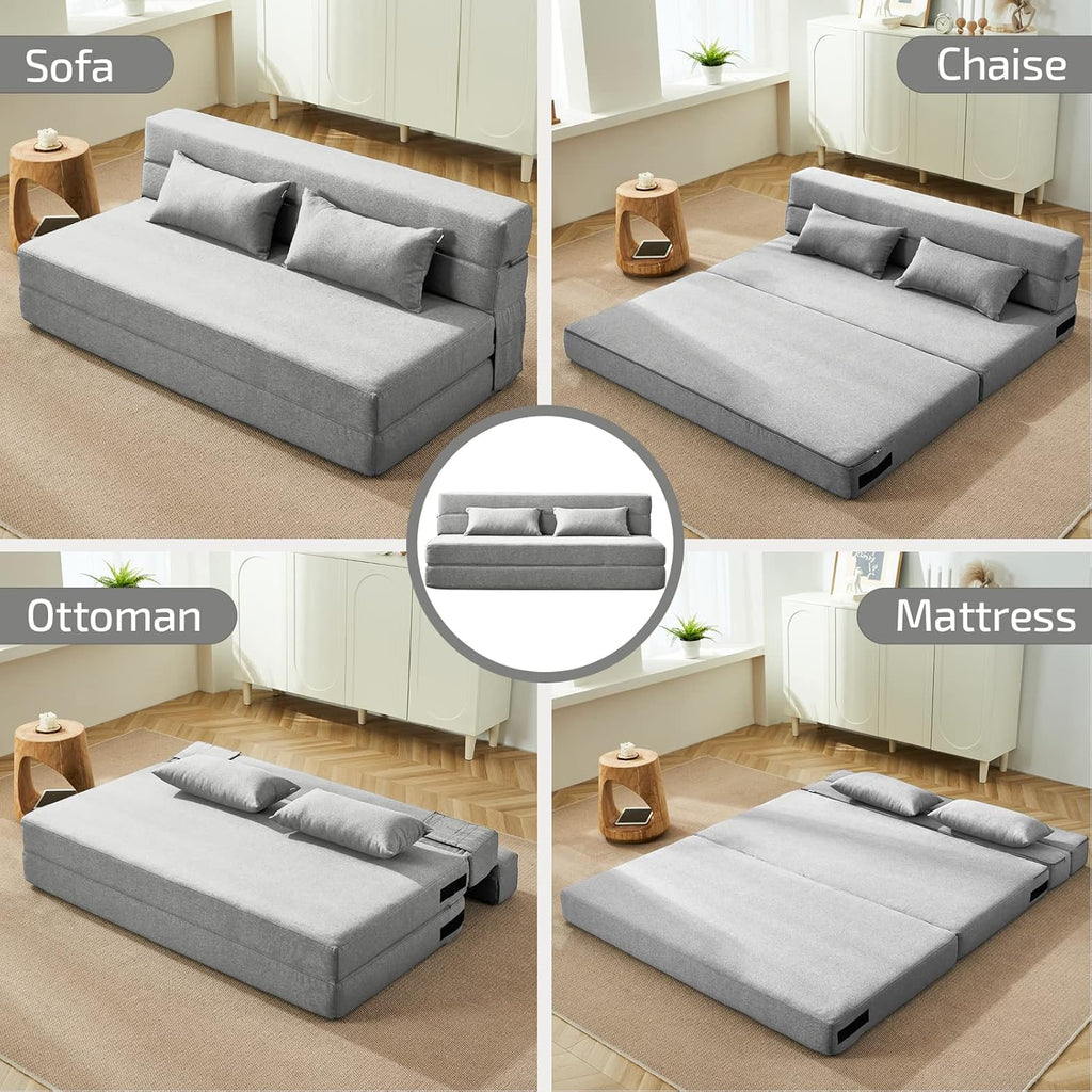 SUYOLS Folding Sofa Bed with Pillows- Convertible Chair Floor Couch & Sleeping Mattress, Foldable Memory Foam Sleeper for Living Room/Dorm/Guest Room/Home Office/Apartment/Loft, Queen, Light Gray
