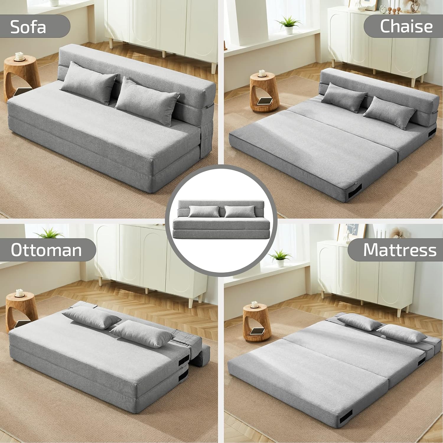 SUYOLS Folding Sofa Bed with Pillows- Convertible Chair Floor Couch & Sleeping Mattress, Foldable Memory Foam Sleeper for Living Room/Dorm/Guest Room/Home Office/Apartment/Loft, Queen, Light Gray