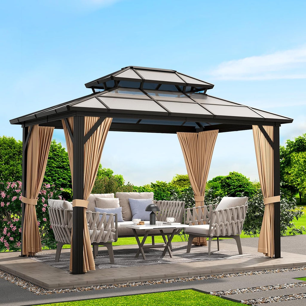 Hardtop Gazebo, 10'x13' Double-Layer Galvanized Steel Roof Gazebo, All-Season Aluminum Frame Pavilion with Privacy Curtains and Netting for Patio, Garden, Hot Tub & Backyard