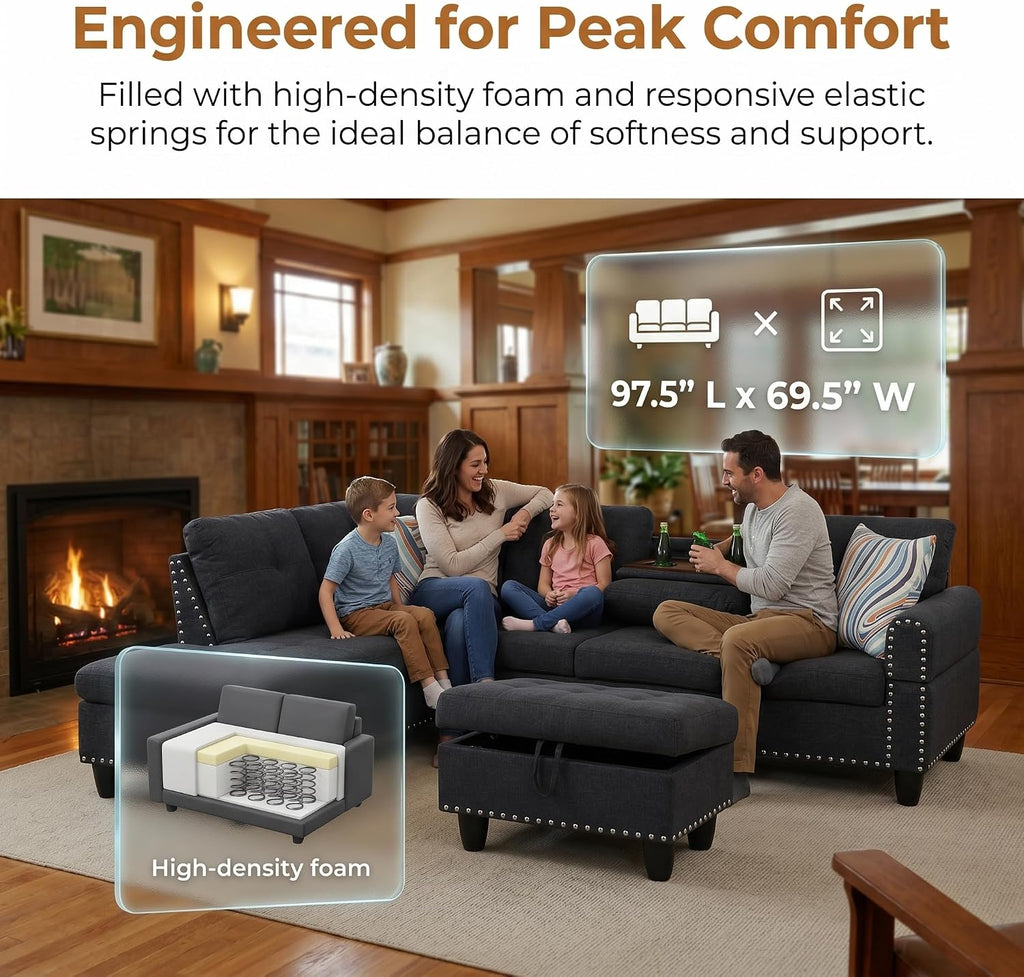 97.5' L Shaped Couch Set Linen, Modular Sectional Couches for Living Room with Storage Ottoman, 4 Seat Home Sofa Living Room Furniture Sets with Chaise for Apartment Office (Black Grey)