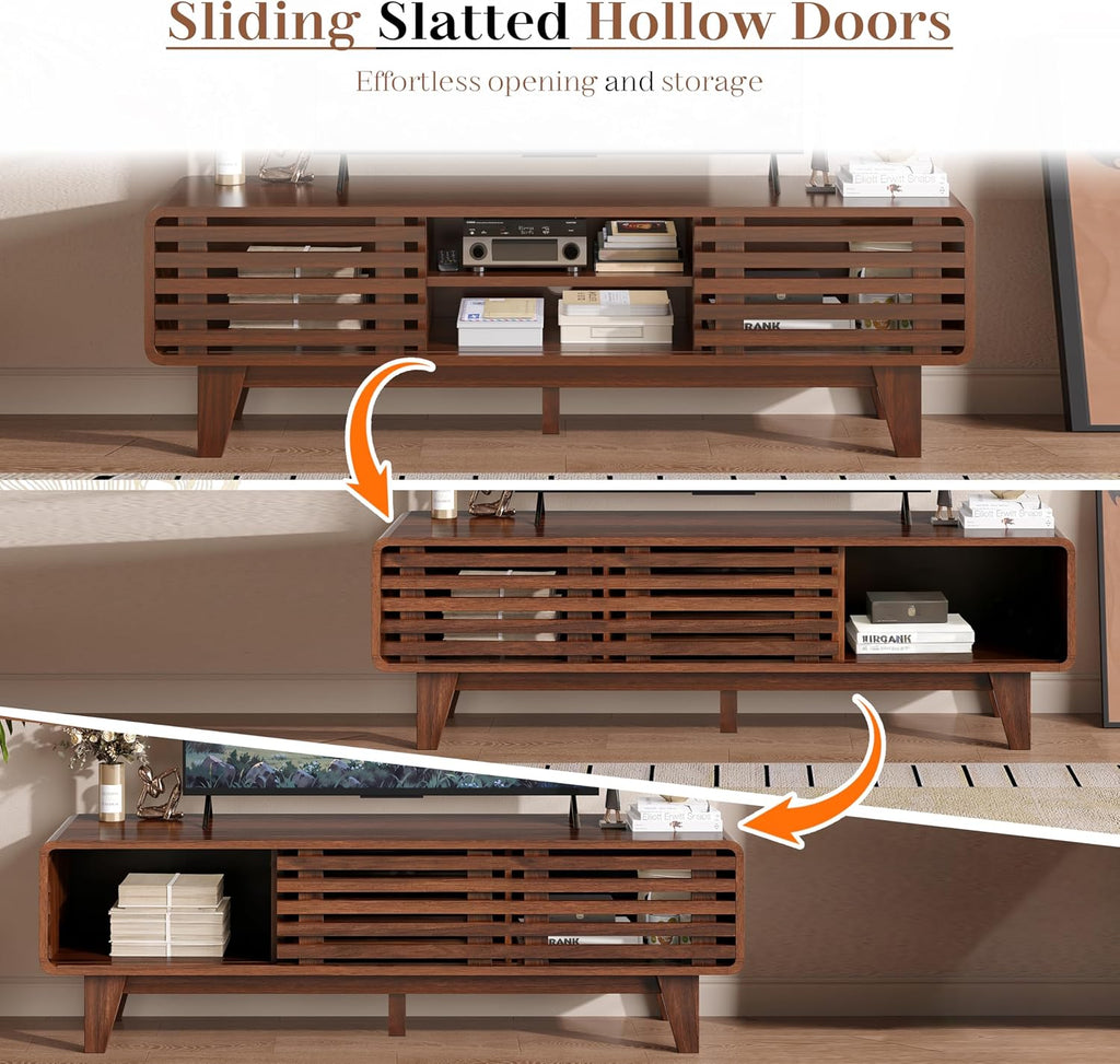 Luoxiao 55' Mid Century Modern TV Stand for 55 60 65 Inch TV, Walnut Media Console with Slatted Sliding Doors, Retro Wood Entertainment Center with Storage Shelves for Living Room, Bedroom