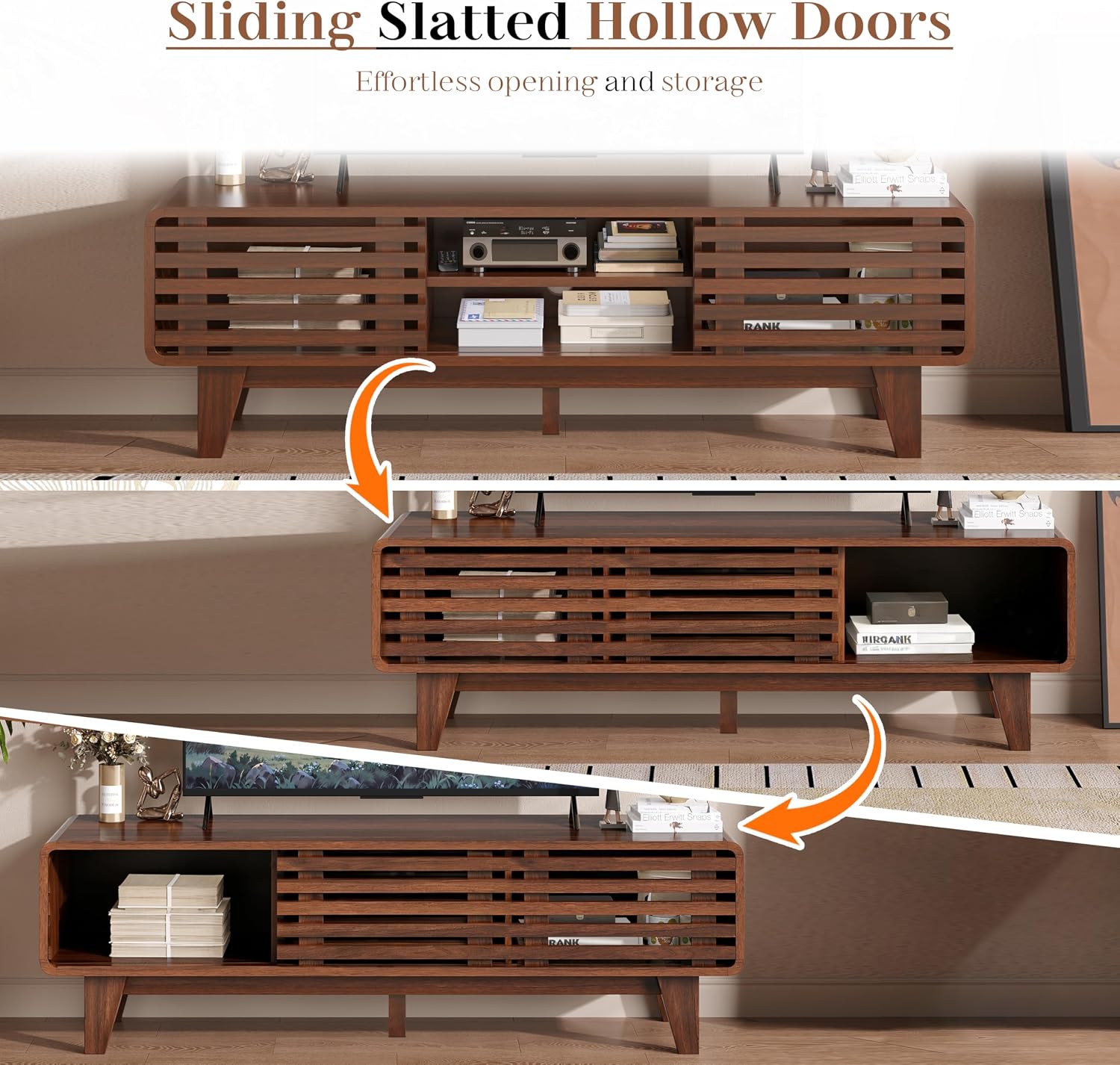 Luoxiao 55' Mid Century Modern TV Stand for 55 60 65 Inch TV, Walnut Media Console with Slatted Sliding Doors, Retro Wood Entertainment Center with Storage Shelves for Living Room, Bedroom