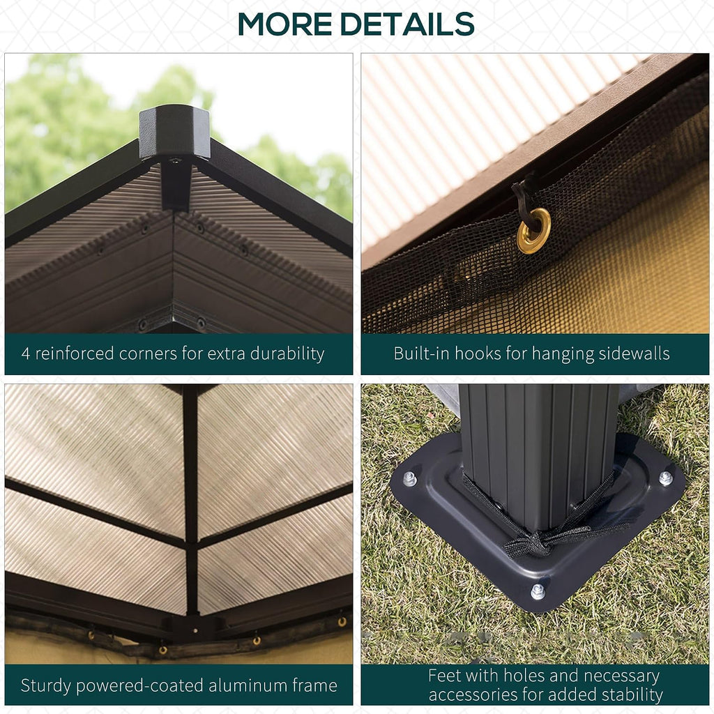 Outsunny 10' x 12' Hardtop Gazebo Canopy with Polycarbonate Roof, Aluminum Frame, Permanent Pavilion Outdoor Gazebo with Netting, for Patio, Garden, Backyard, Deck, Lawn, Black, Beige