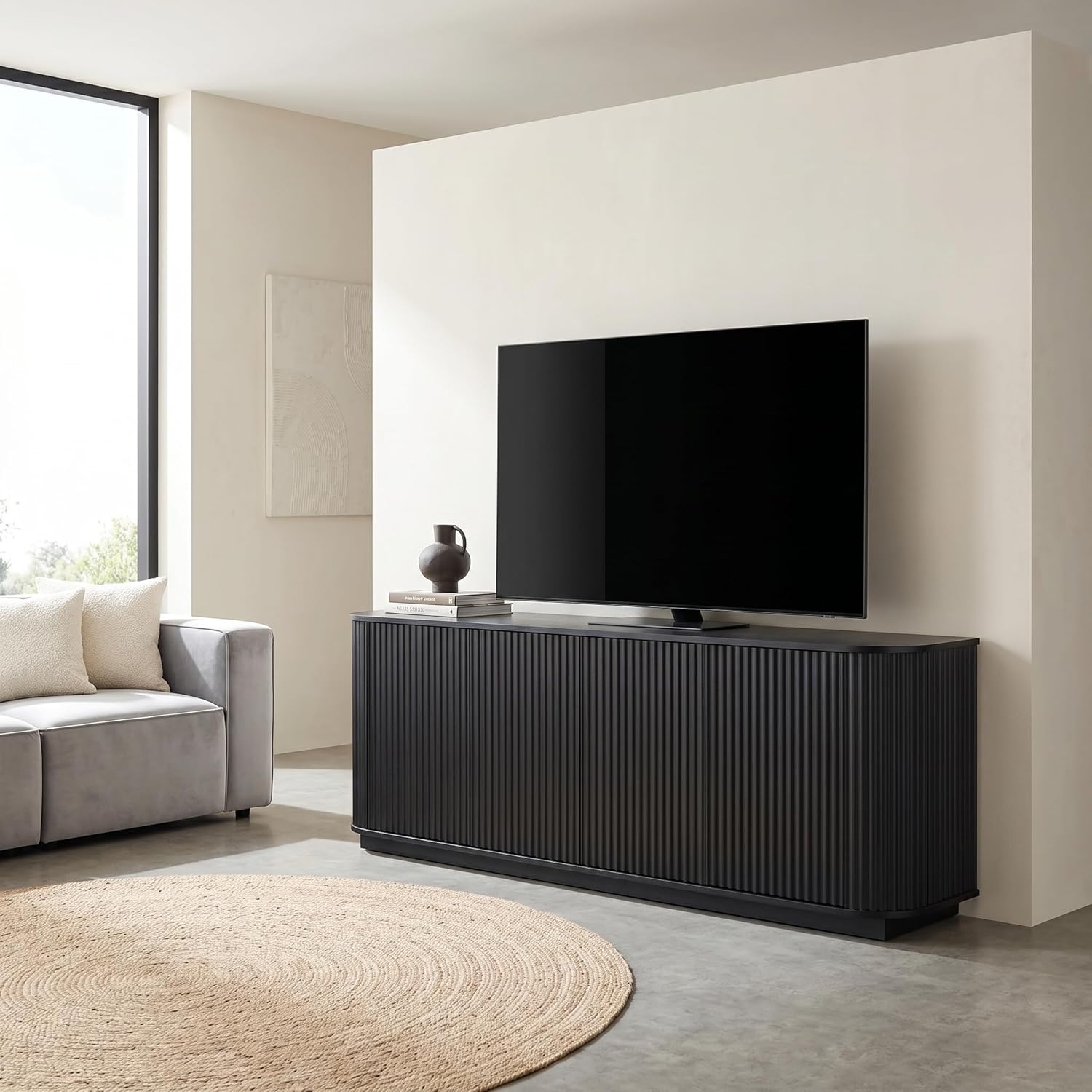 Fluted TV Stand for TVs Up to 75 Inch, Black Mid Century Modern TV Console for Living Room, Entertainment Center with Storage, Wood Media Console Cabinet with Rounded Corner