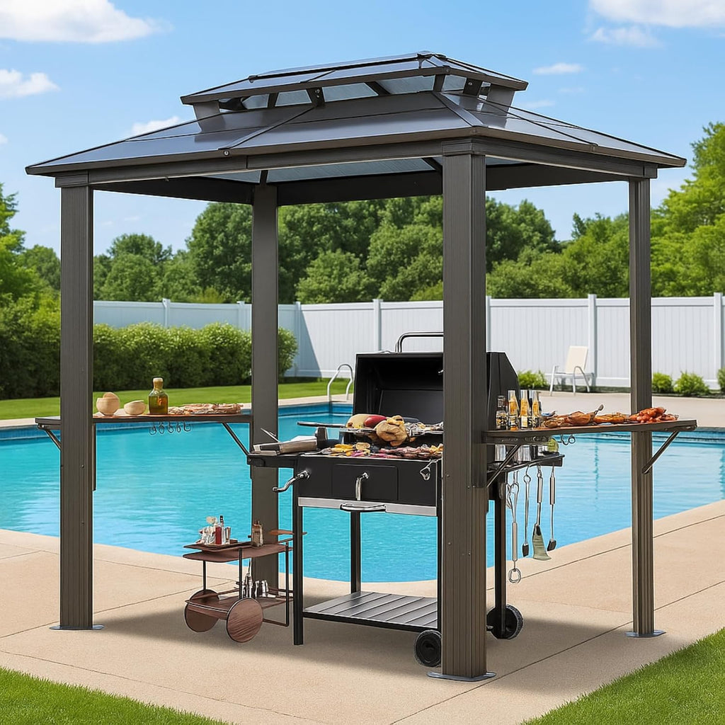 8x5 Hardtop Grill Gazebo, Vented Double Roof Polycarbonate BBQ Canopy for Outdoor Patio, Anti-UV Waterproof Shelter with Side Shelves & Hooks, Heavy Duty Steel Frame (8x5)