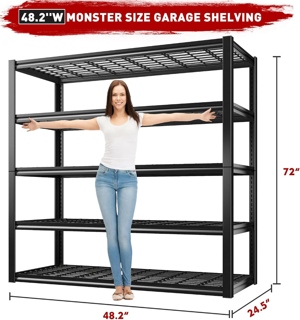 REIBII 48.2'' W Garage Shelving, 3010LBS Storage Shelves Heavy Duty, 5 Tier Adjustable Metal Shelving Unit for Warehouse, Garage, Basement, 48.2' W x 24.5' D x 72' H