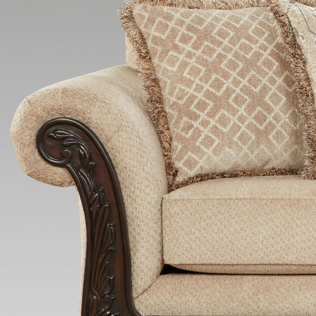 Hernen Carved Wood Frame 5-Piece Living Room Set, Beige Wheat