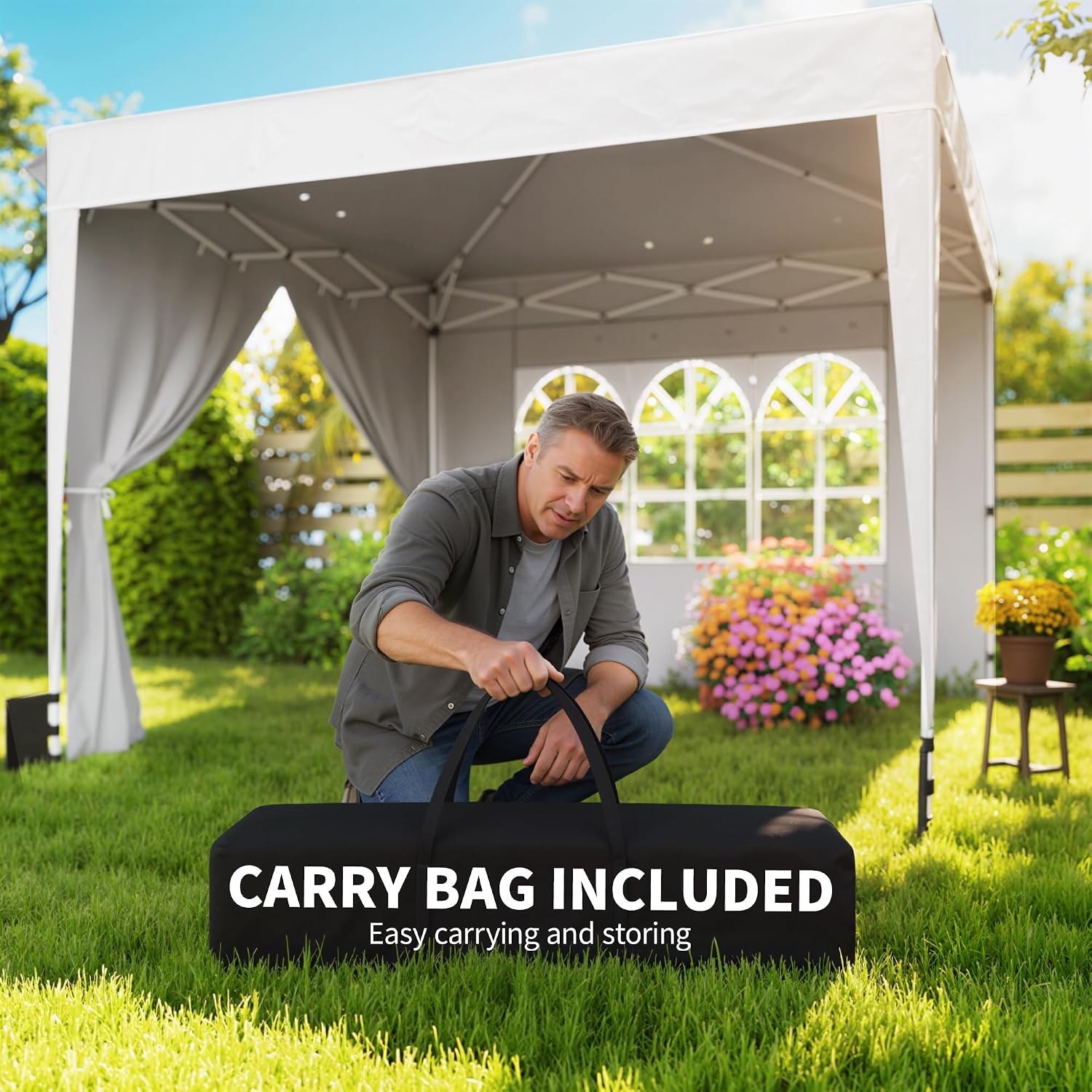 Outsunny 10 x 10 ft Pop Up Canopy Tent with Sidewalls, UPF50+ Outdoor Portable Instant Canopy Shelter with Carry Bag, Sandbags, Adjustable Height for Parties, Events, Camping, White